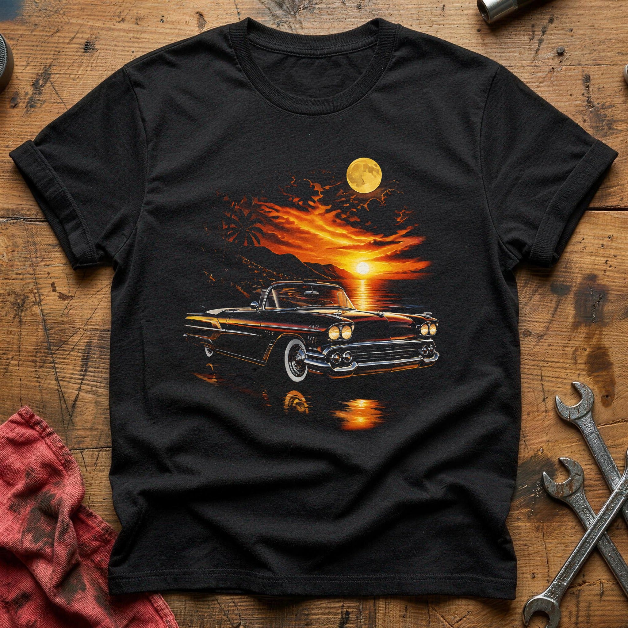 Classic Car Sunset Moon T-Shirt - Black