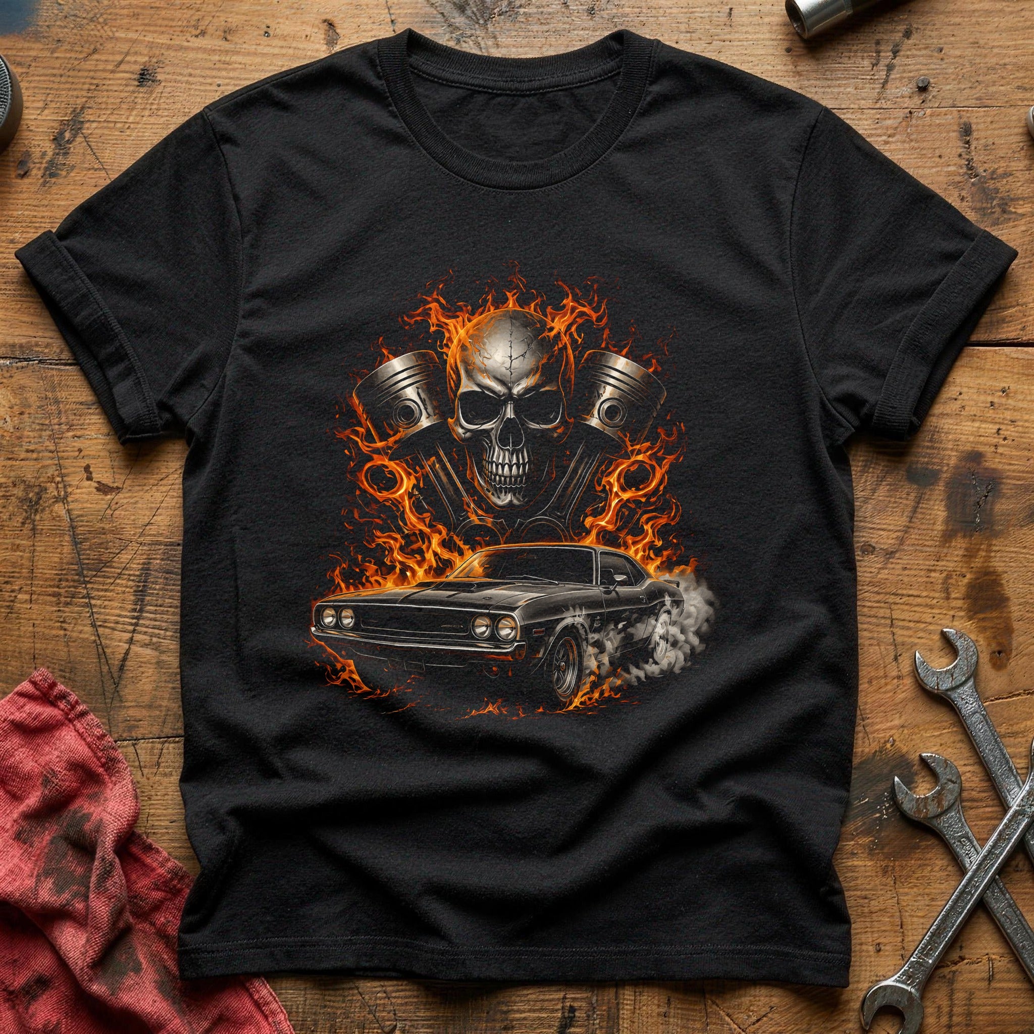 Engine Skull Flames T-Shirt - Black