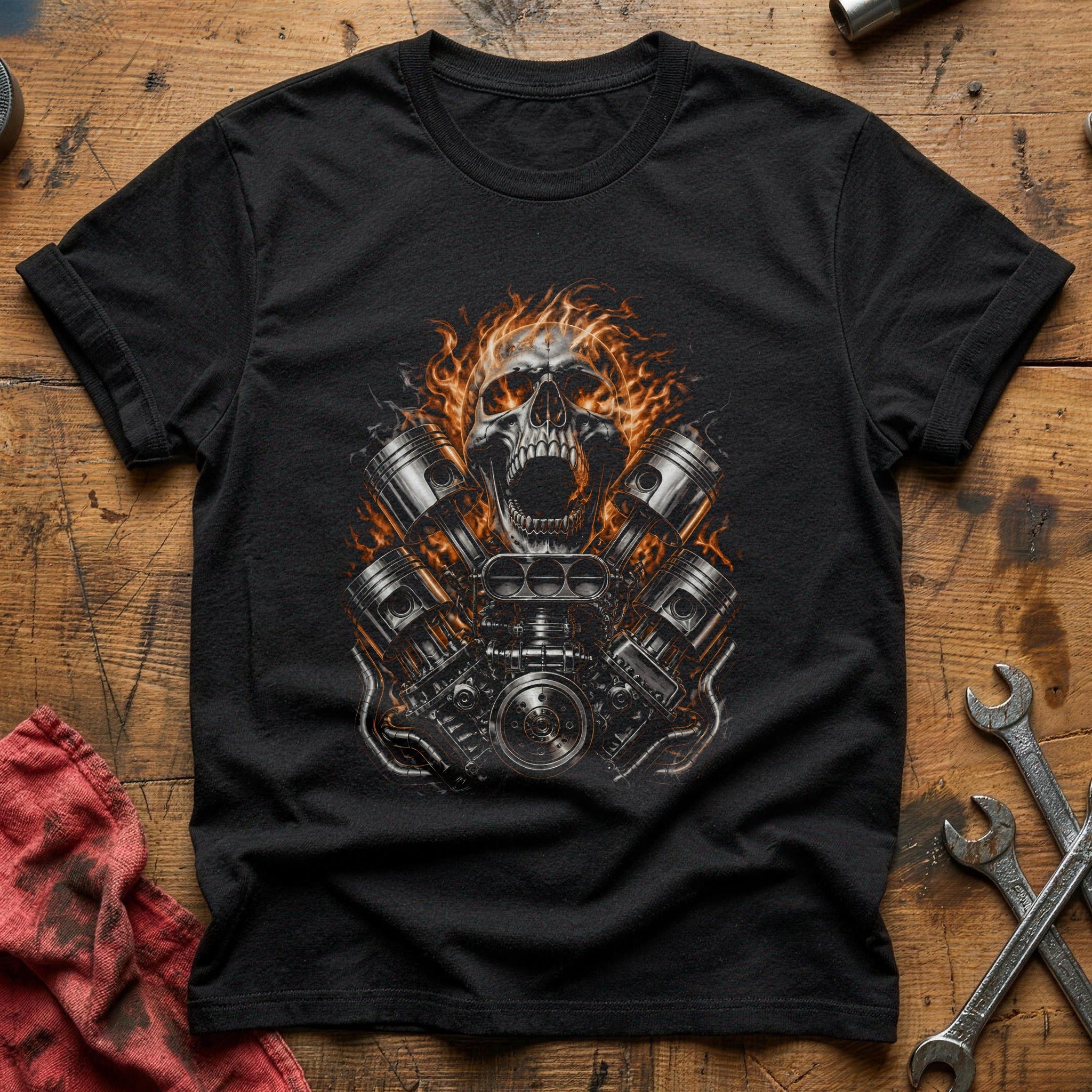 Flaming Skull Pistons 13 T-Shirt - Black