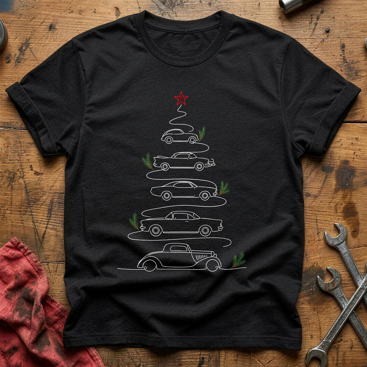 Minimal Line Car Tree 52 T-Shirt - Black