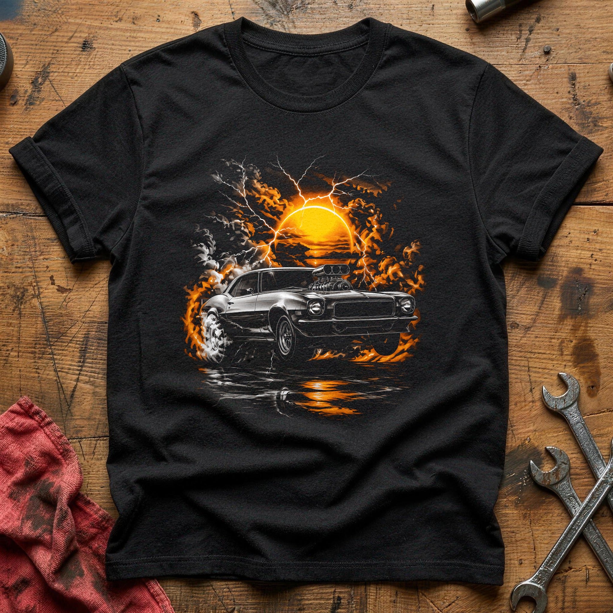 Muscle Car Sunset Fire T-Shirt - Black