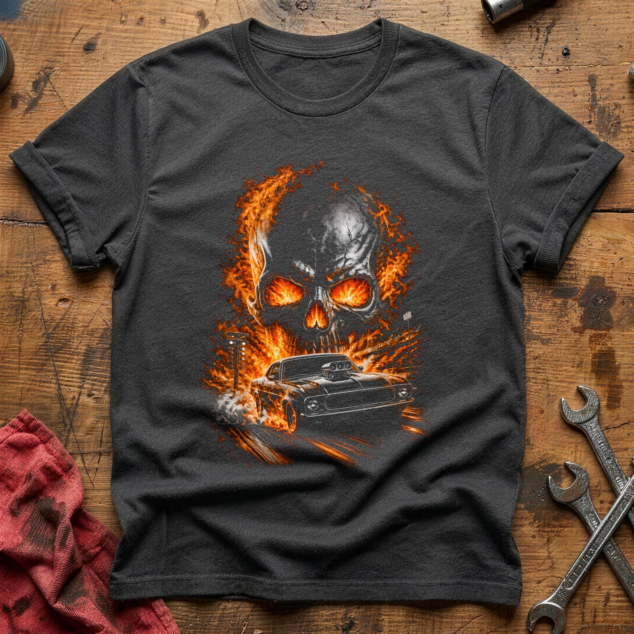 Flaming Hotrod Skull 96 T-Shirt - Charcoal