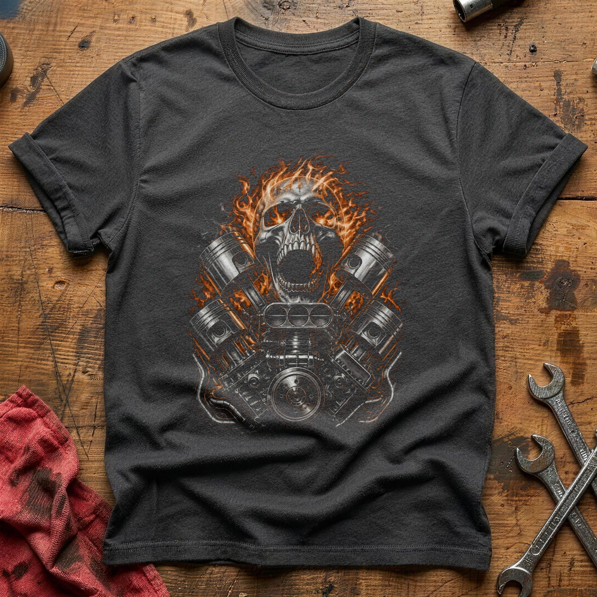 Flaming Skull Pistons 13 T-Shirt - Charcoal