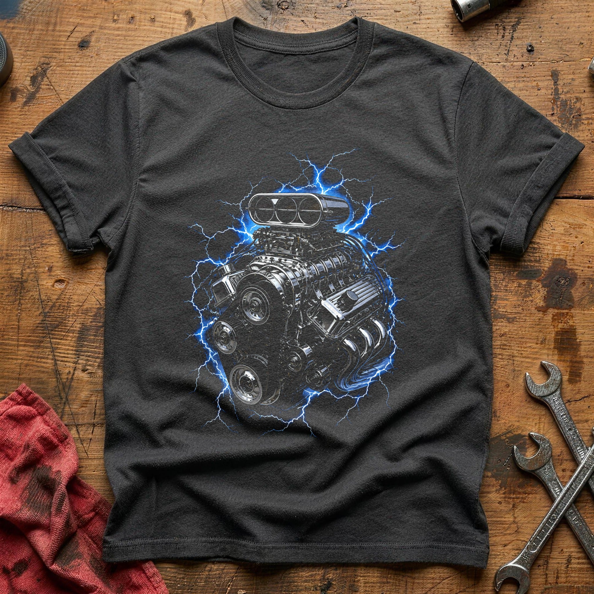 Hot Rod Engine Lightning T-Shirt - Charcoal
