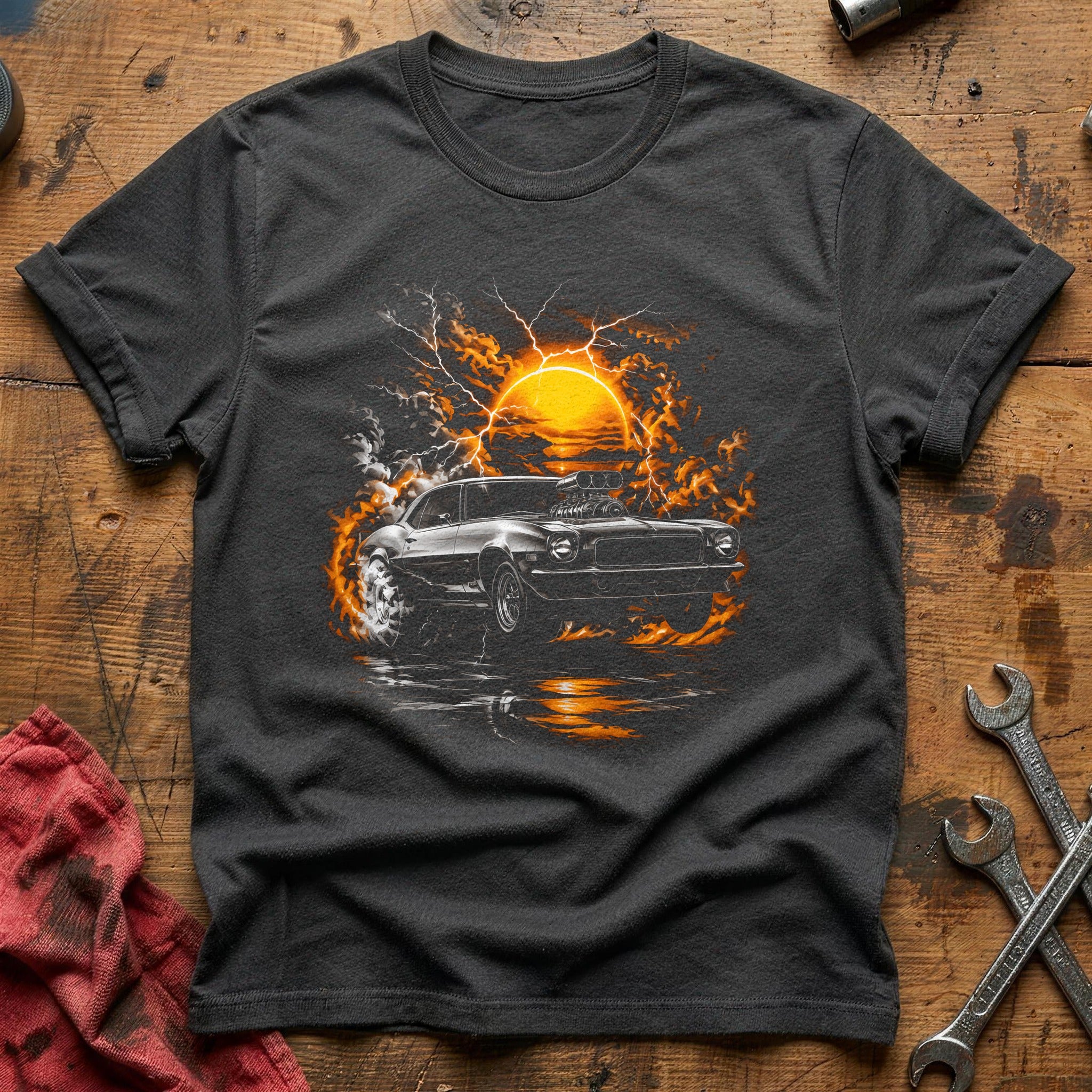 Muscle Car Sunset Fire T-Shirt - Charcoal