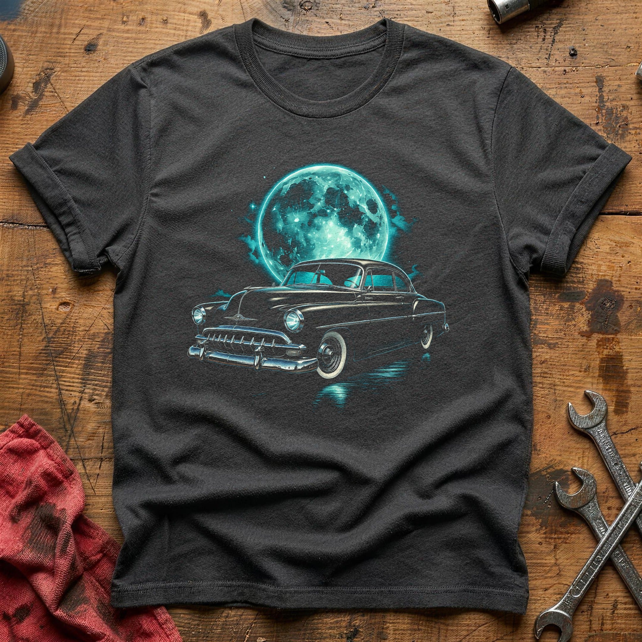 Vintage Car Moon Night T-Shirt - Charcoal