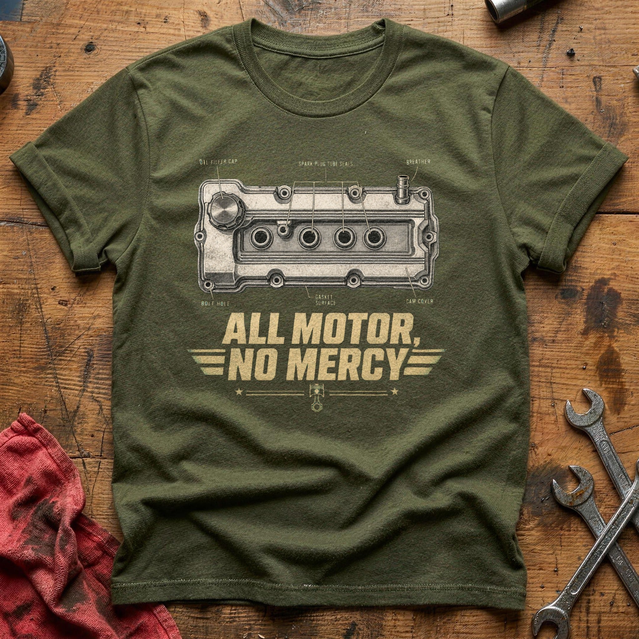 All Motor, No Mercy T-Shirt - Military Green