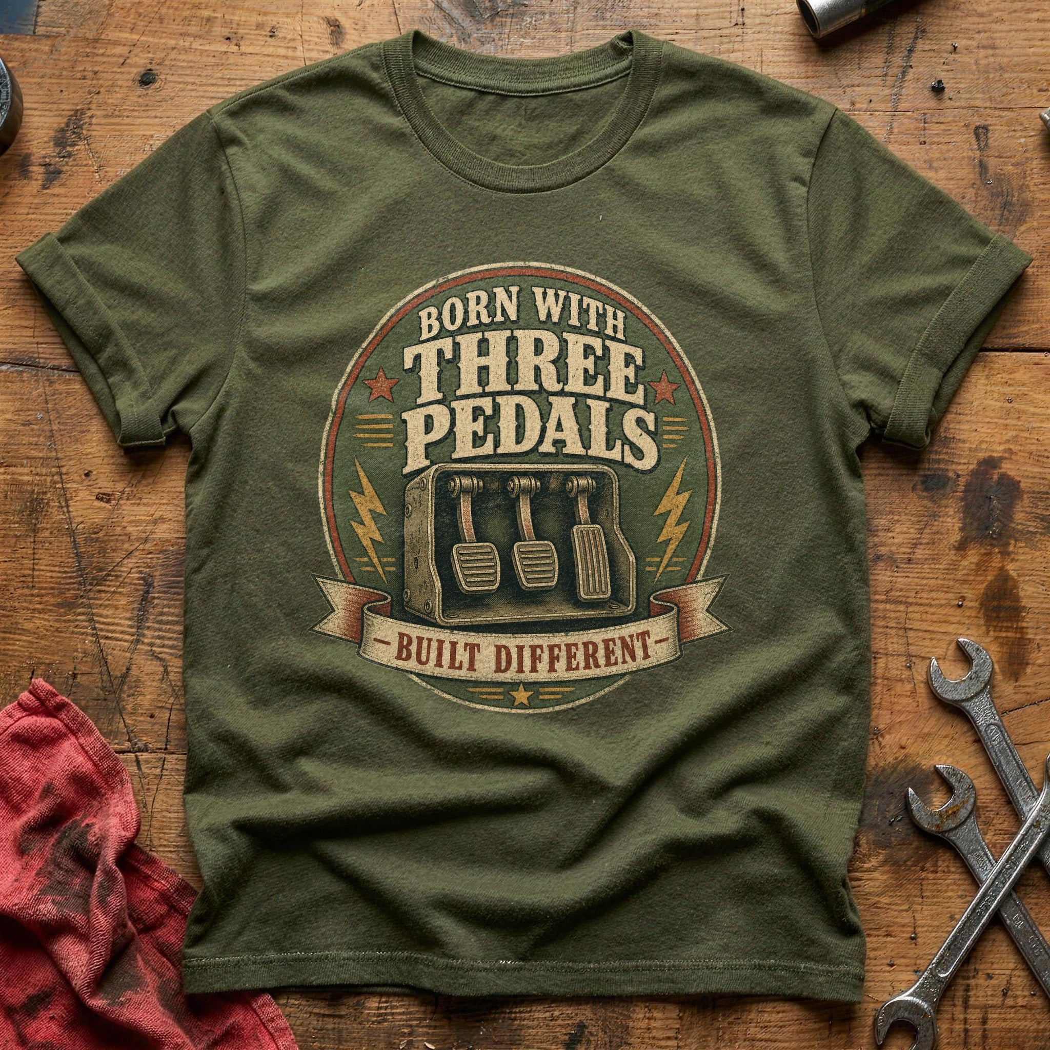 Born with Three Pedals T-Shirt - Military Green