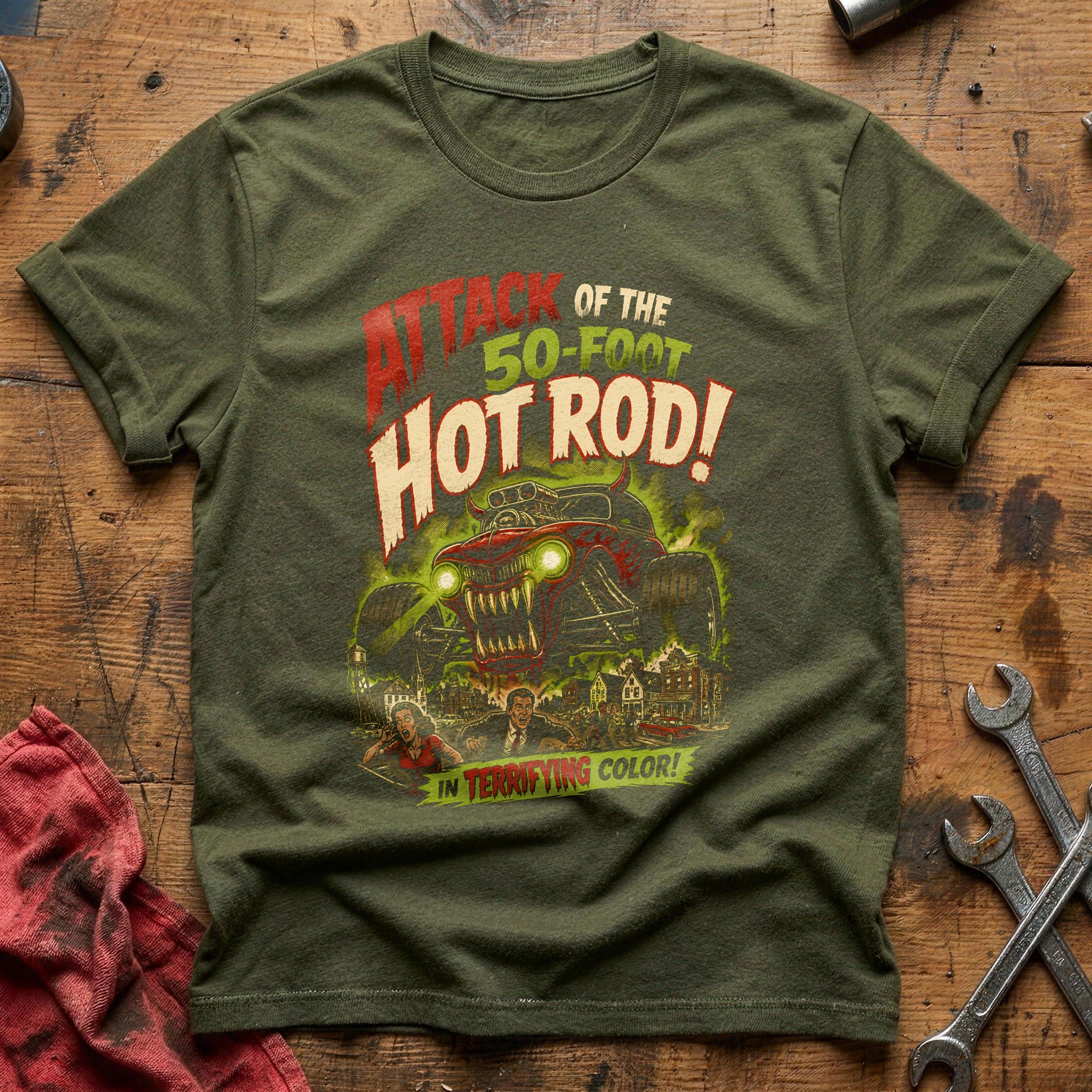 Attack Of The 50ft Hot Rod 49 T-Shirt - Military Green