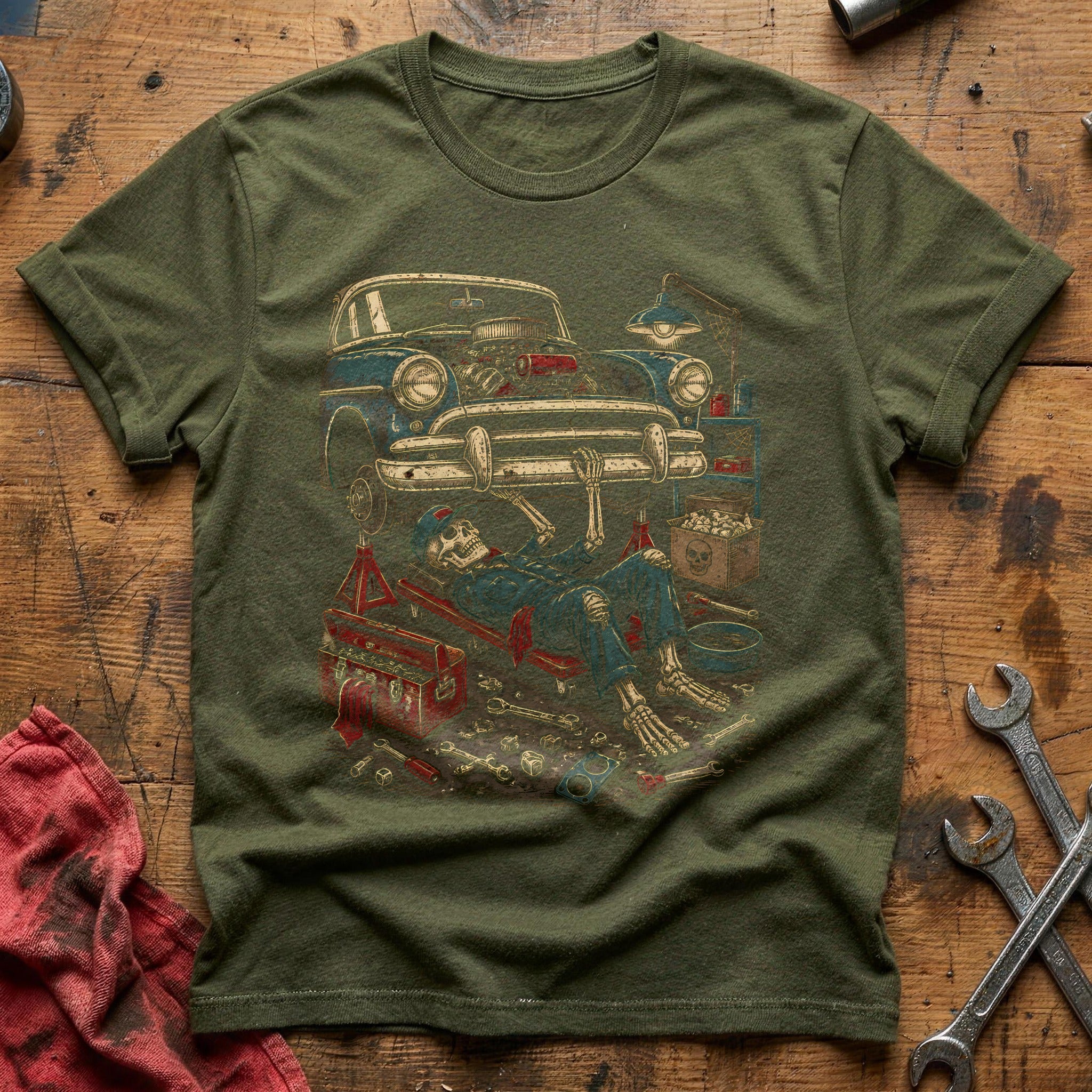 Bones Under Hood T-Shirt - Military Green