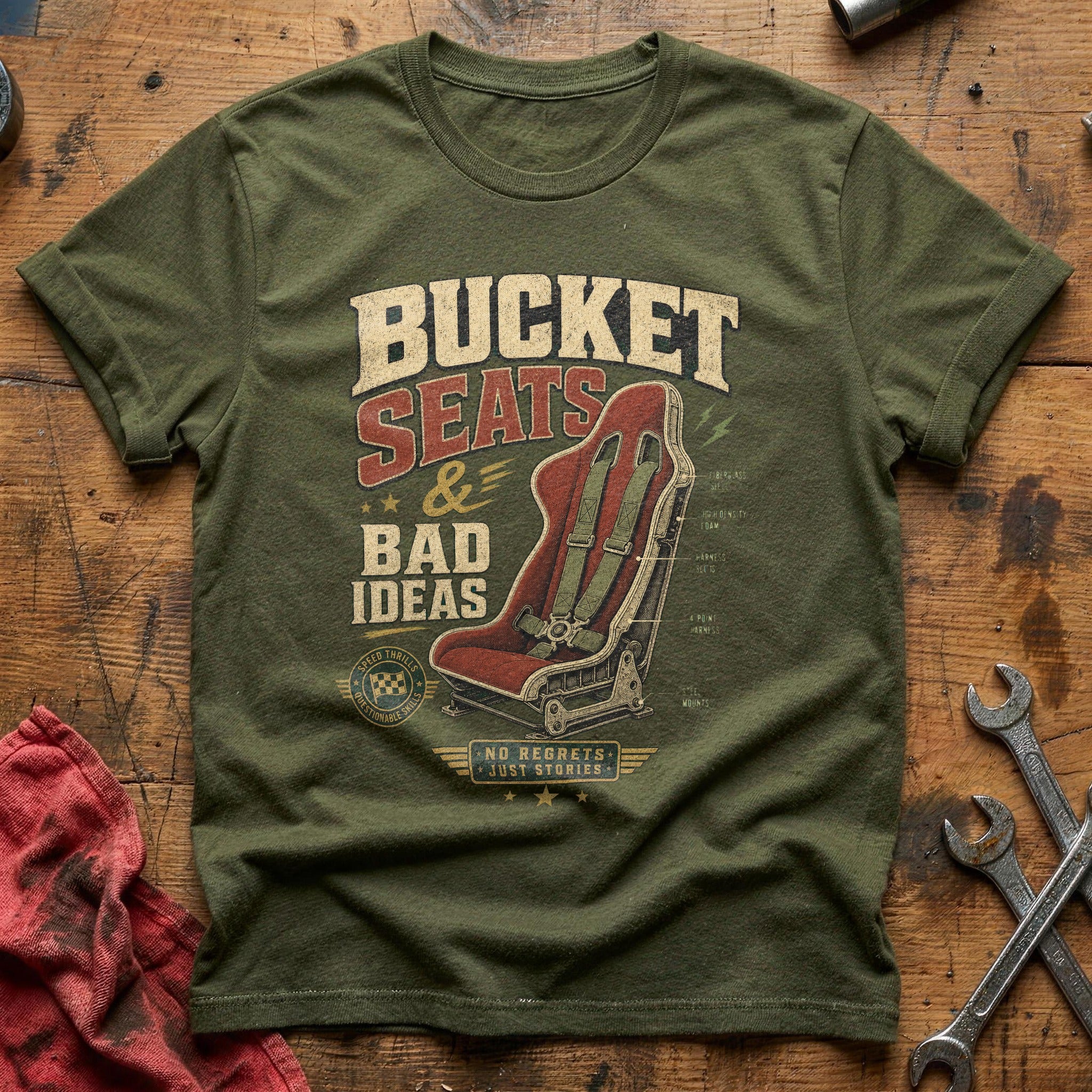 Bucket Seats & Bad Ideas T-Shirt - Military Green