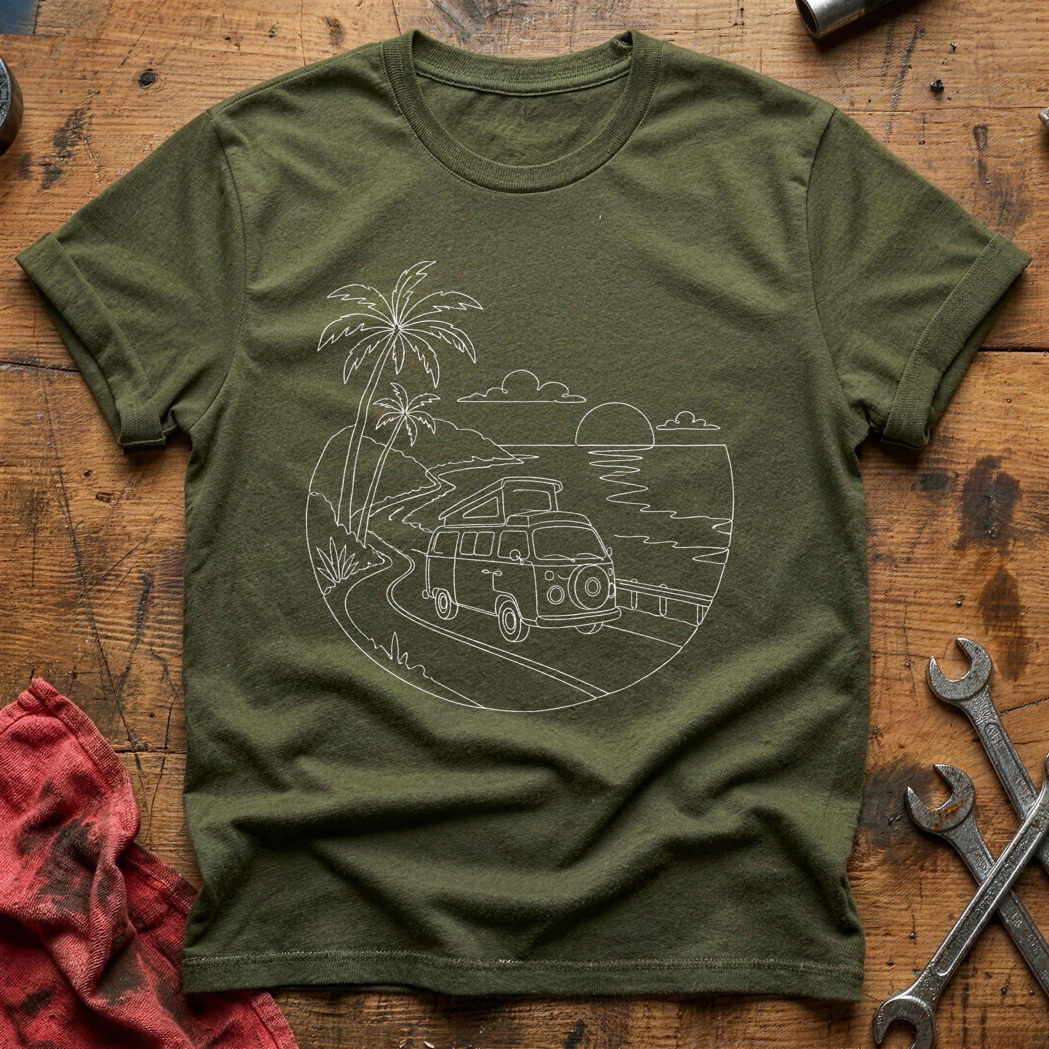 Camper Van Coast Sunset 63 T-Shirt - Military Green