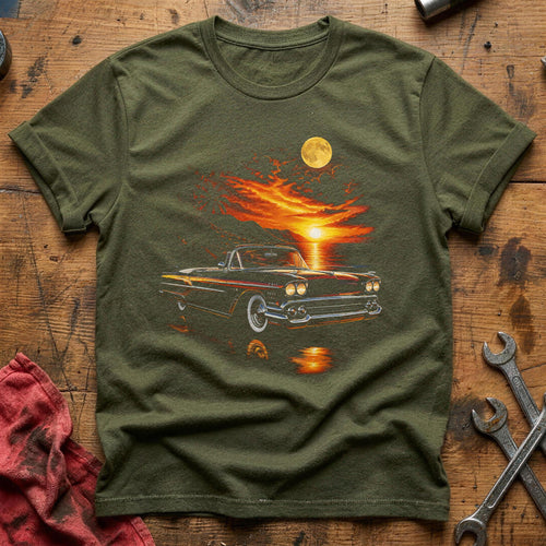 Classic Car Sunset Moon T-Shirt - Military Green