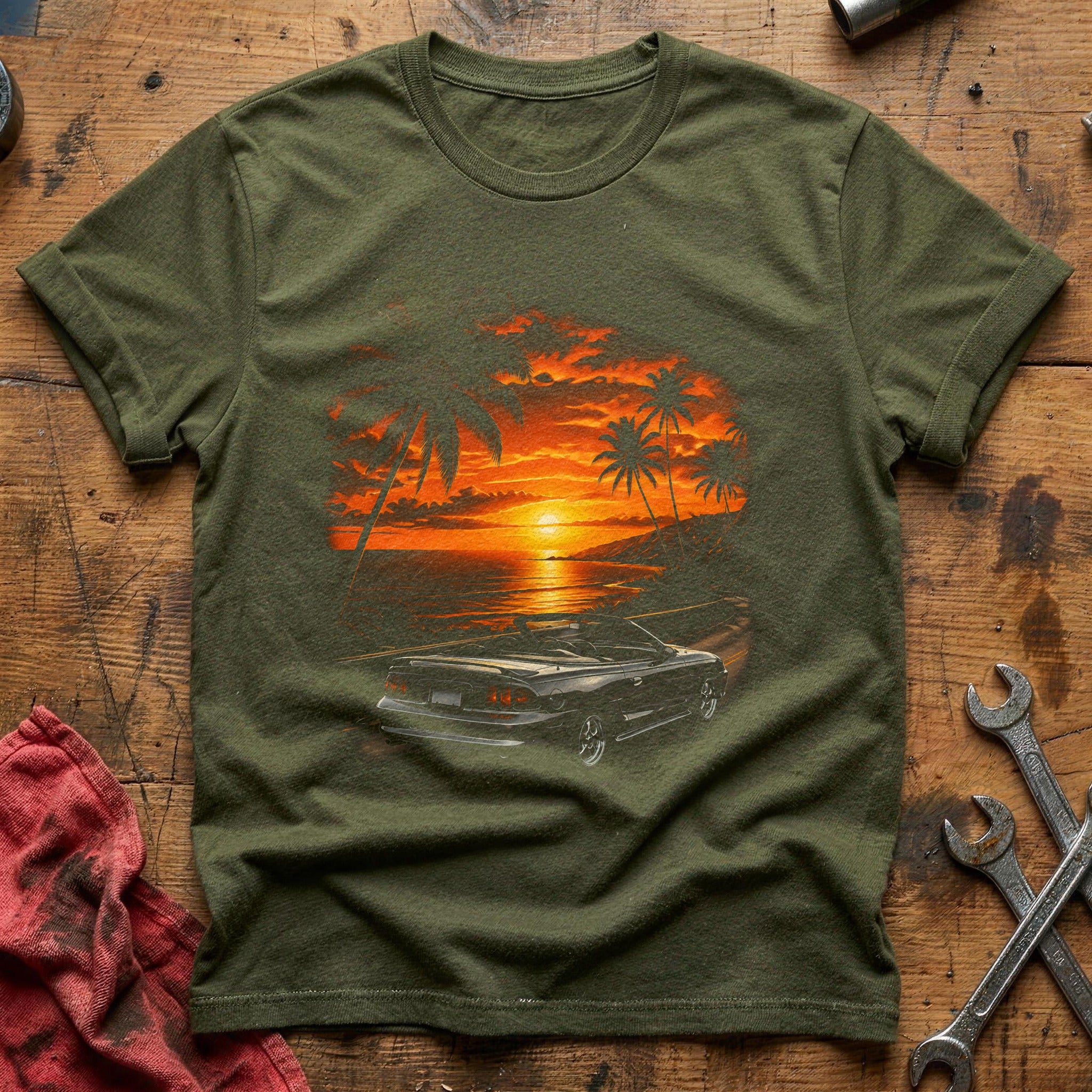 Convertible Beach Sunset T-Shirt - Military Green