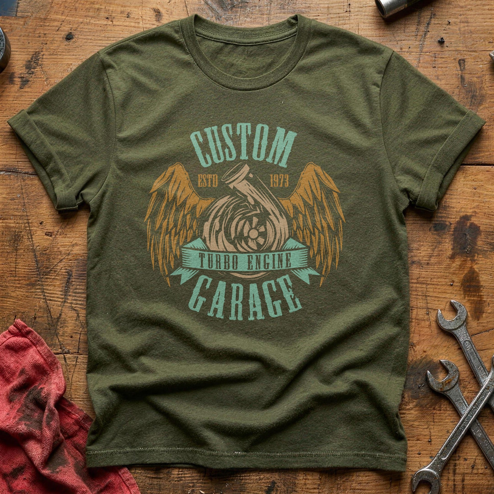Custom turbo engine garage T-Shirt - Military Green