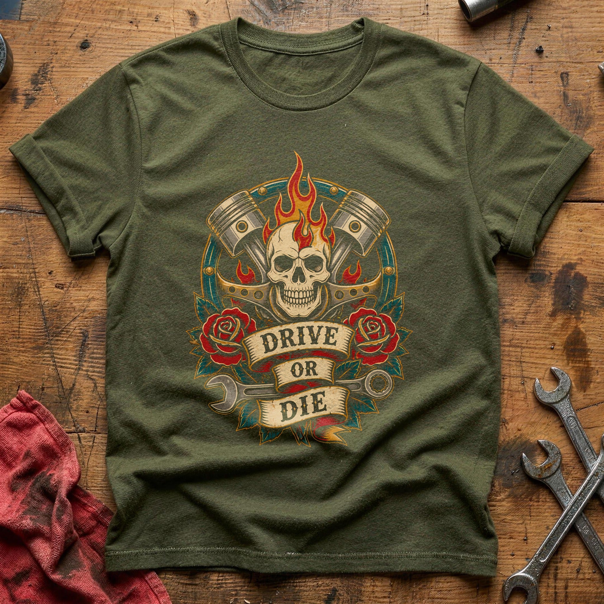 Drive Or Die Tattoo 52 T-Shirt - Military Green