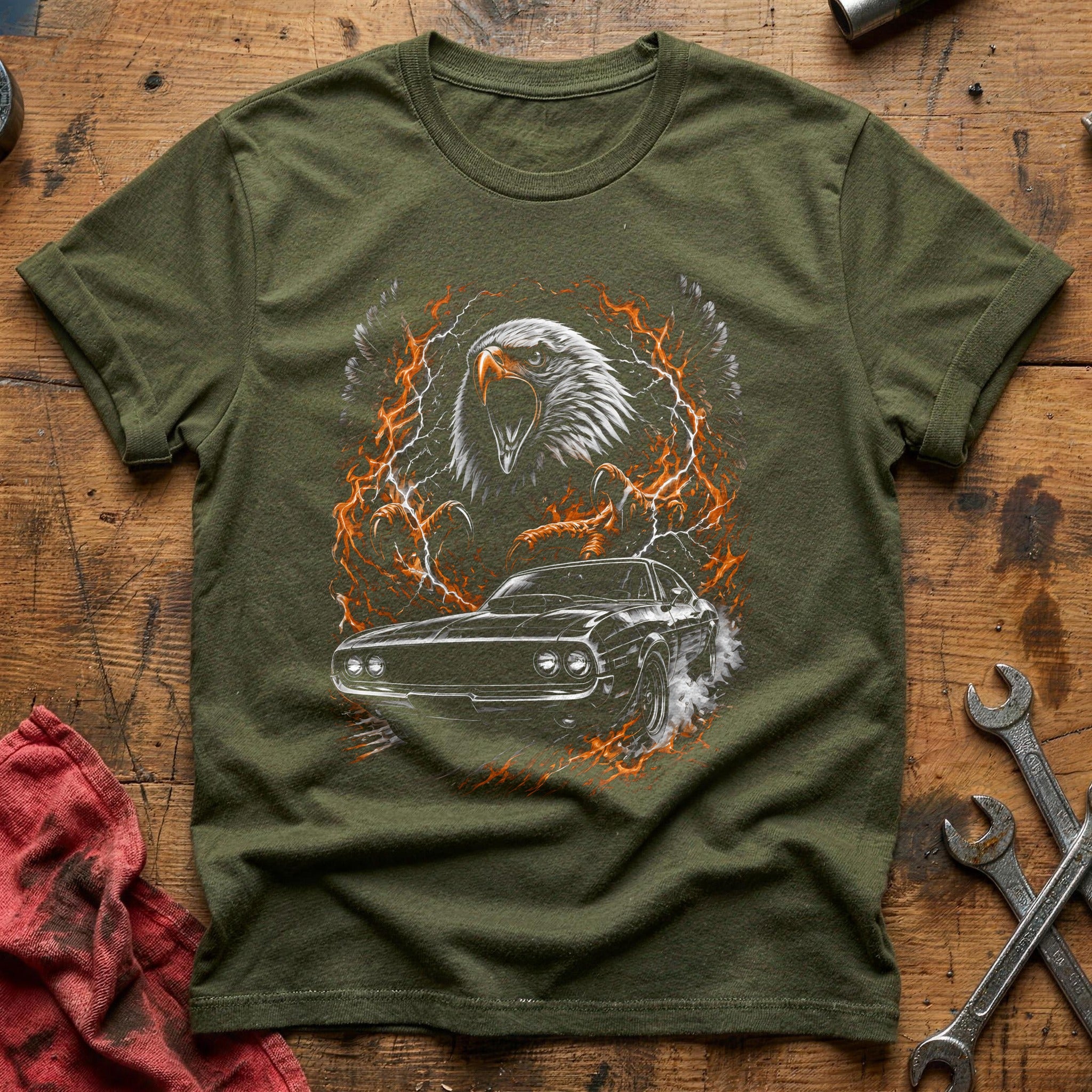 Eagle Muscle Car Fire T-Shirt - Military Green
