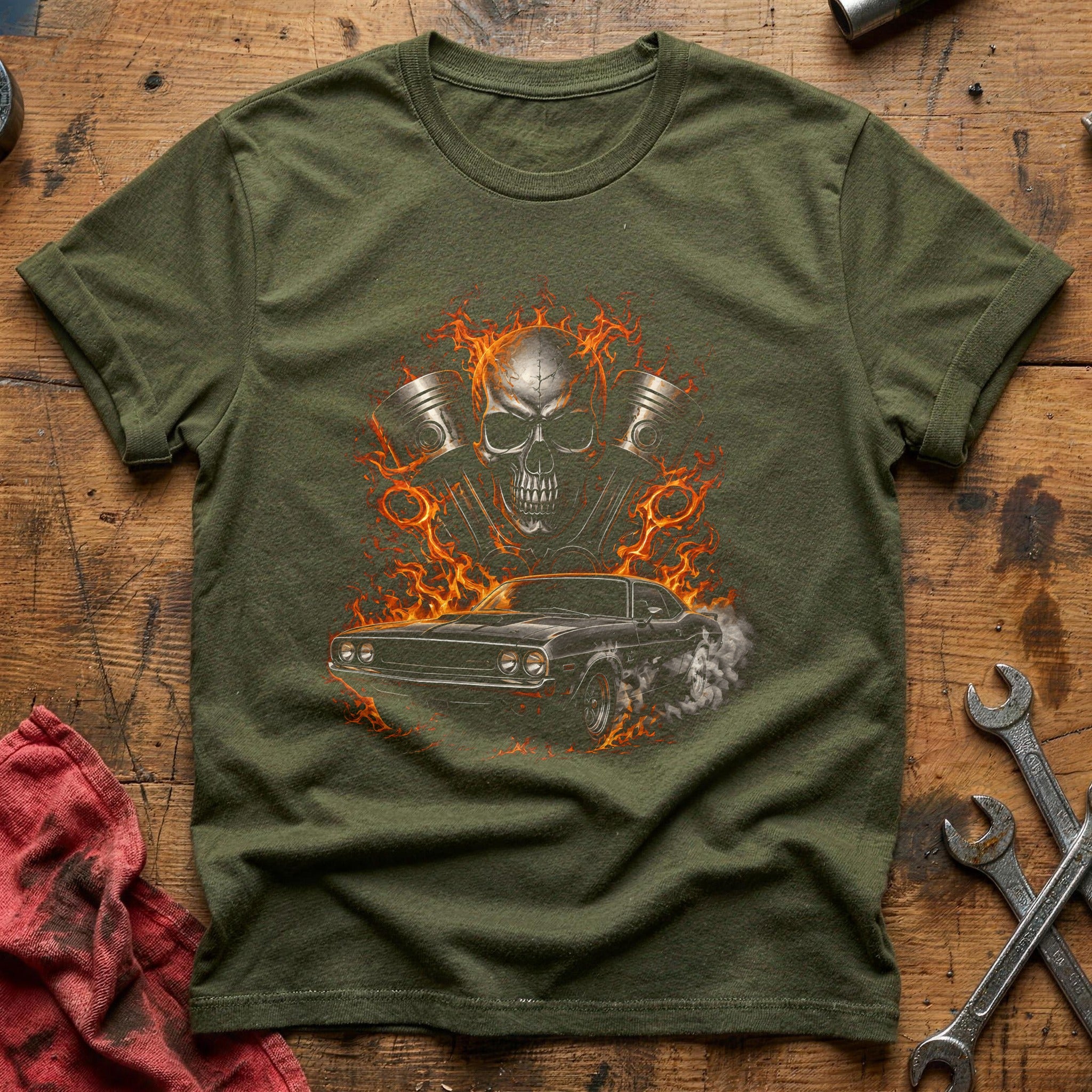Engine Skull Flames T-Shirt - Military Green