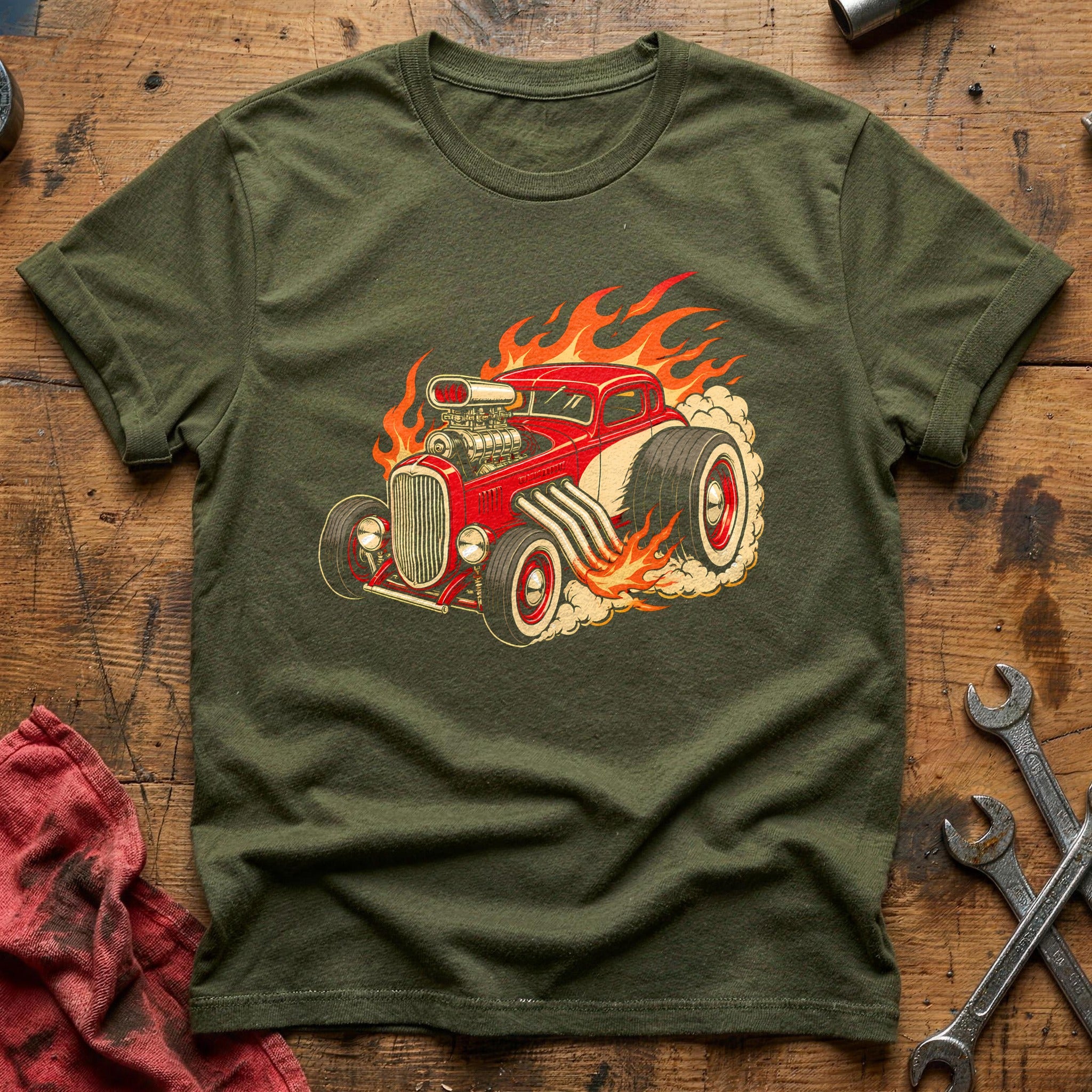 Flames & Chrome T-Shirt - Military Green