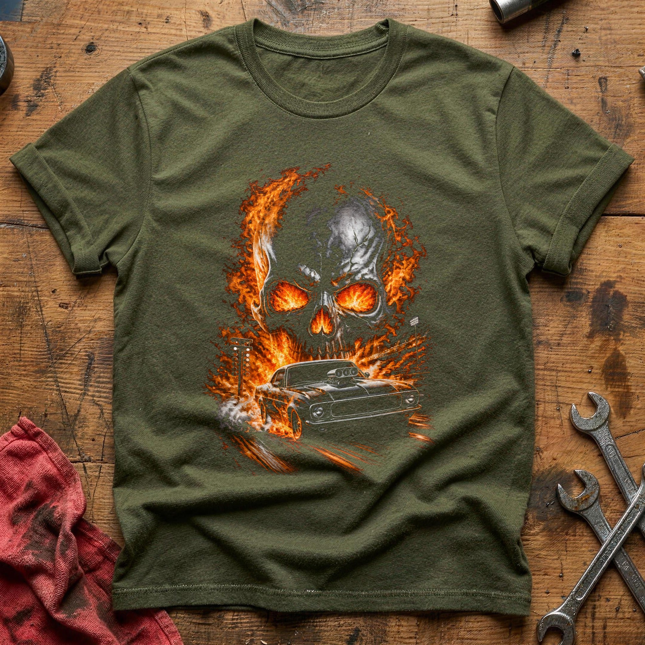 Flaming Hotrod Skull 96 T-Shirt - Military Green