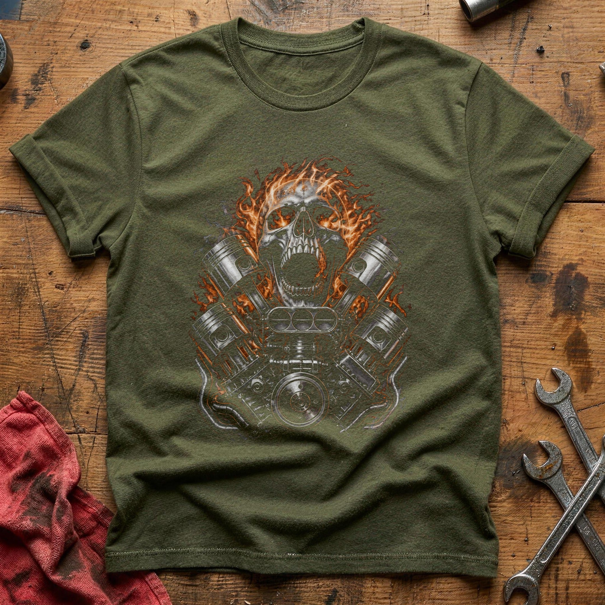 Flaming Skull Pistons 13 T-Shirt - Military Green