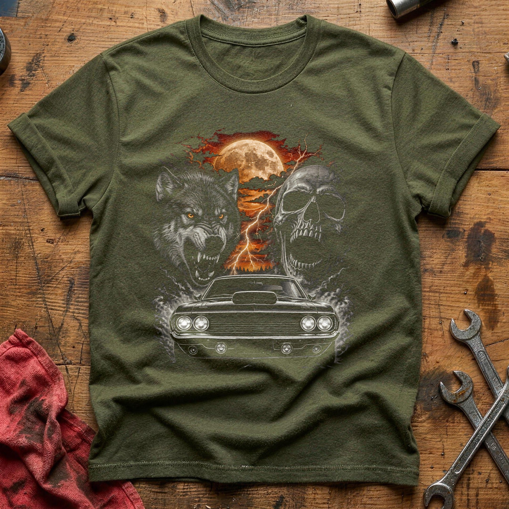 Grand Hotrod Wolf Skull 19 T-Shirt - Military Green