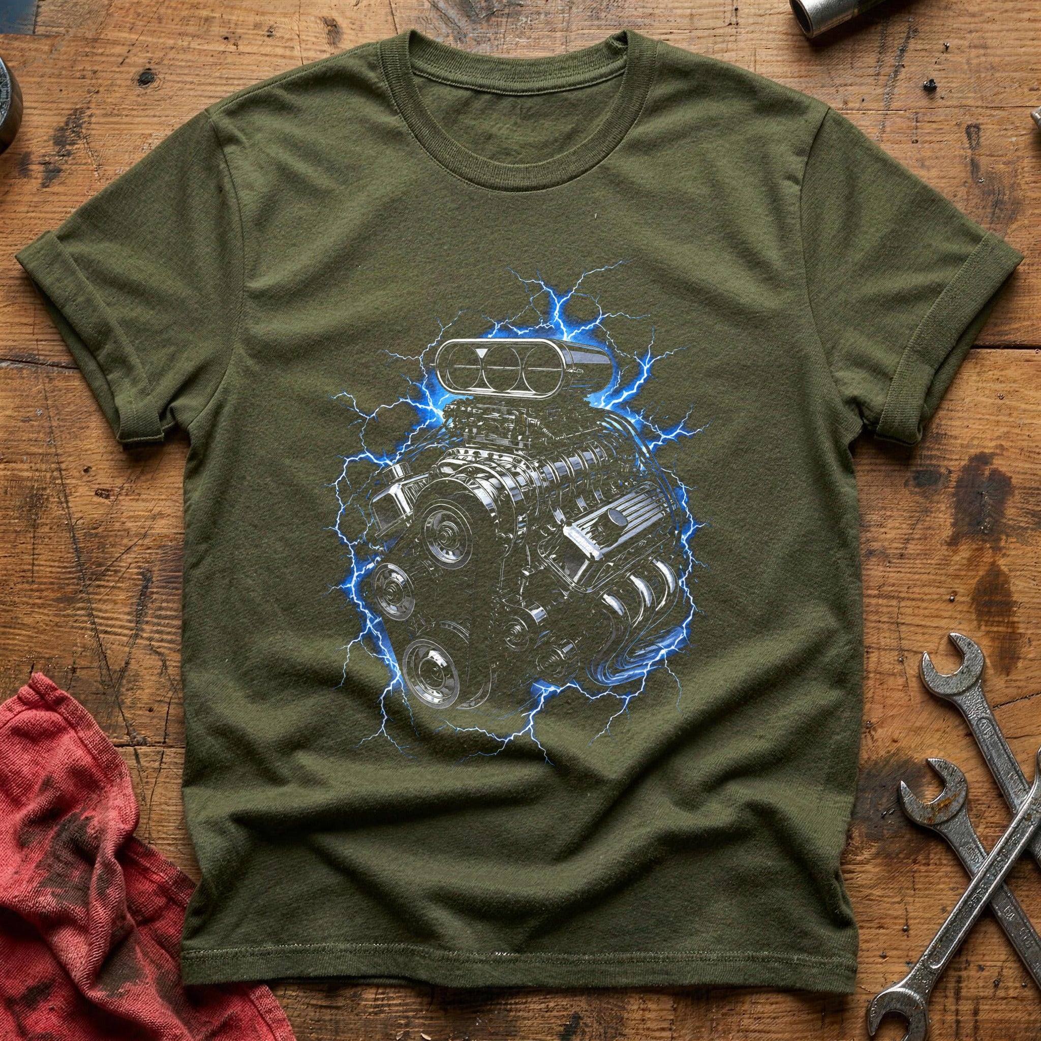 Hot Rod Engine Lightning T-Shirt - Military Green