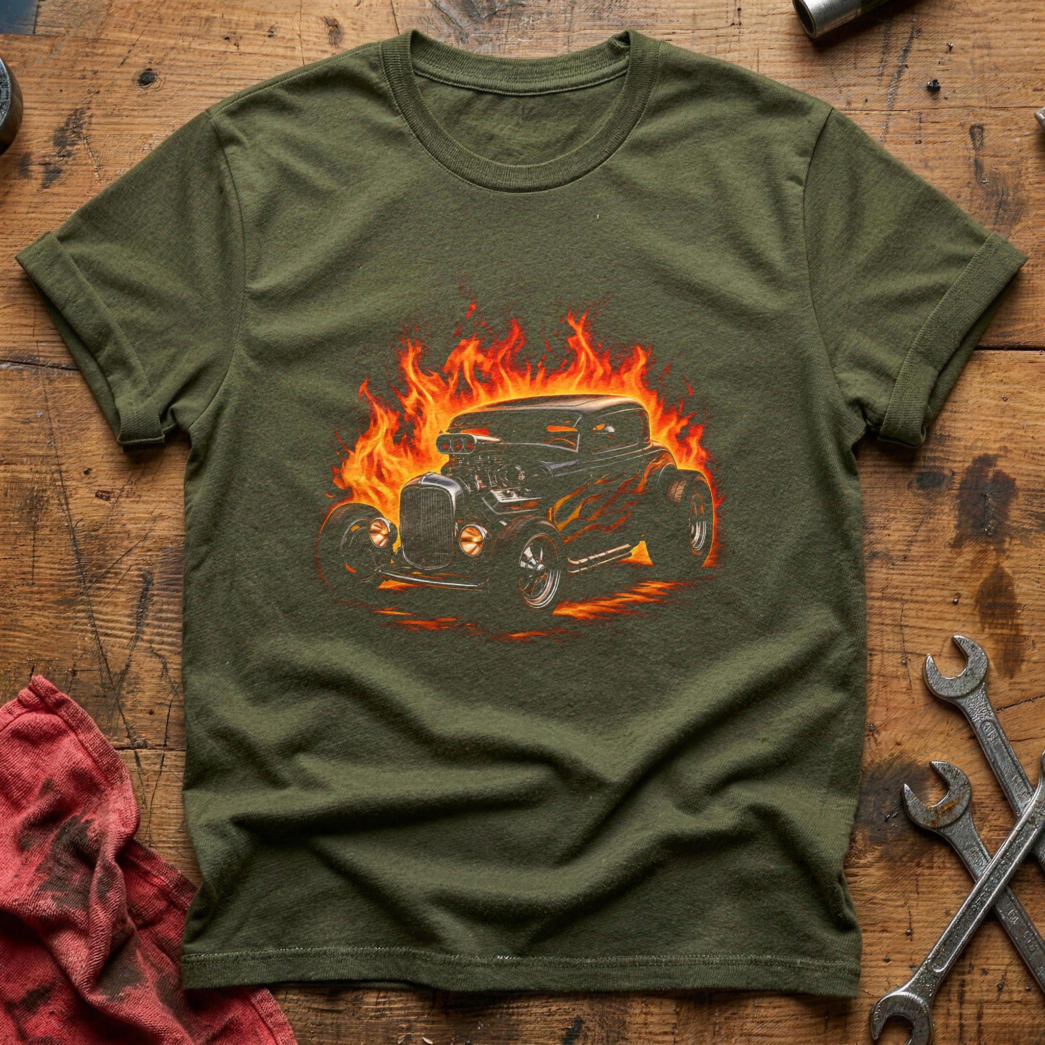Hot Rod Flames T-Shirt - Military Green