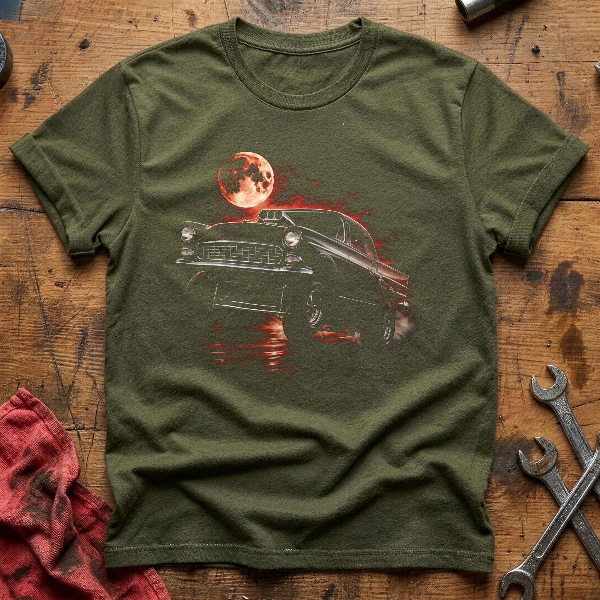Hot Rod Moon Night T-Shirt - Military Green
