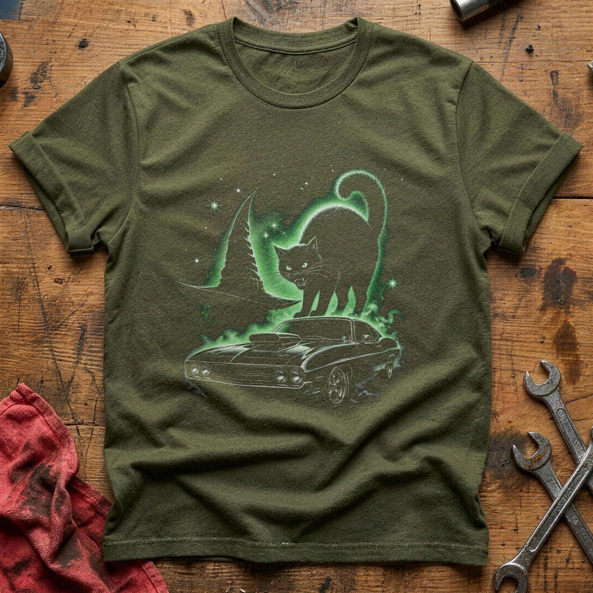 Hotrod Blackcat Witchhat 96 T-Shirt - Military Green