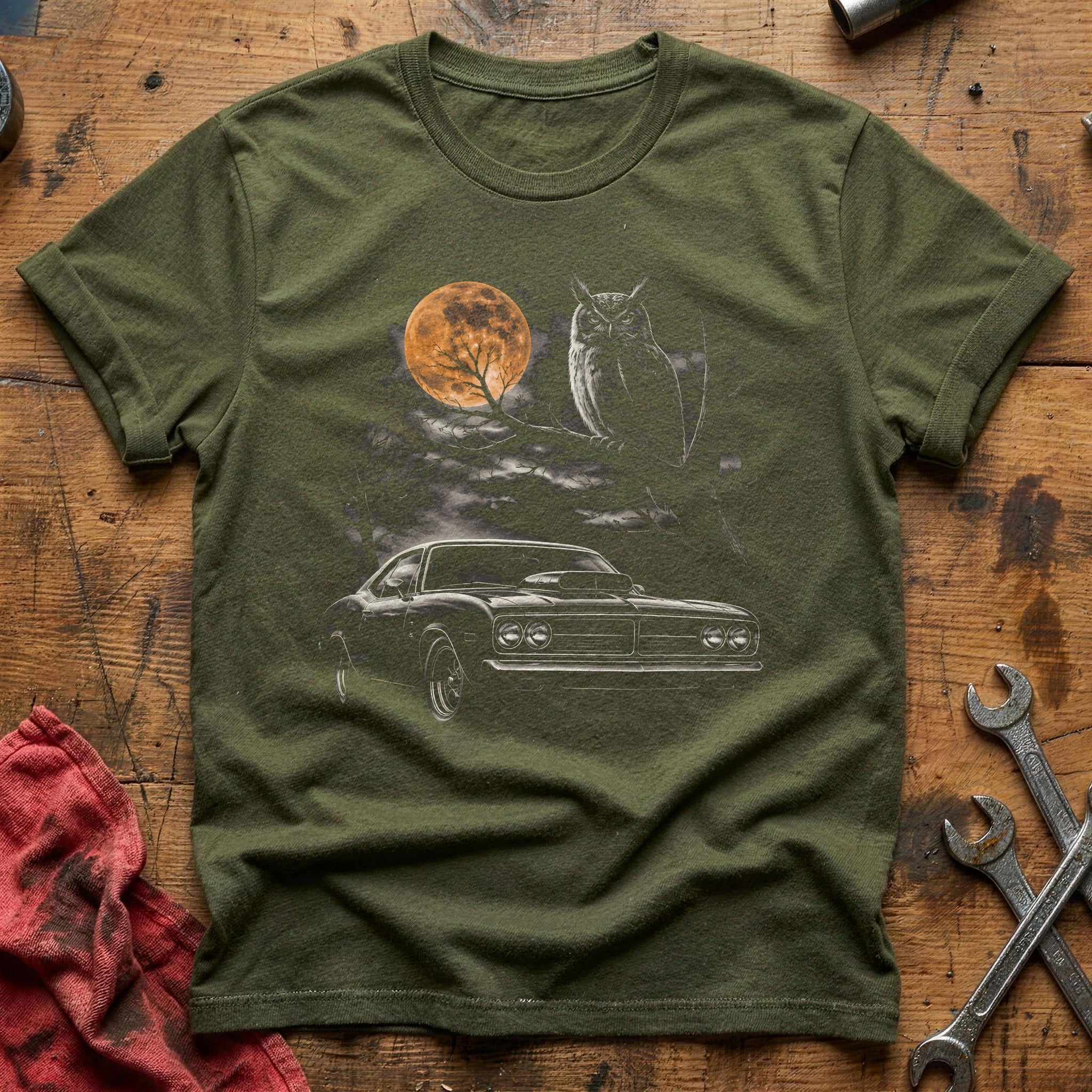 Hotrod Owl Autumn Trees 48 T-Shirt - Military Green