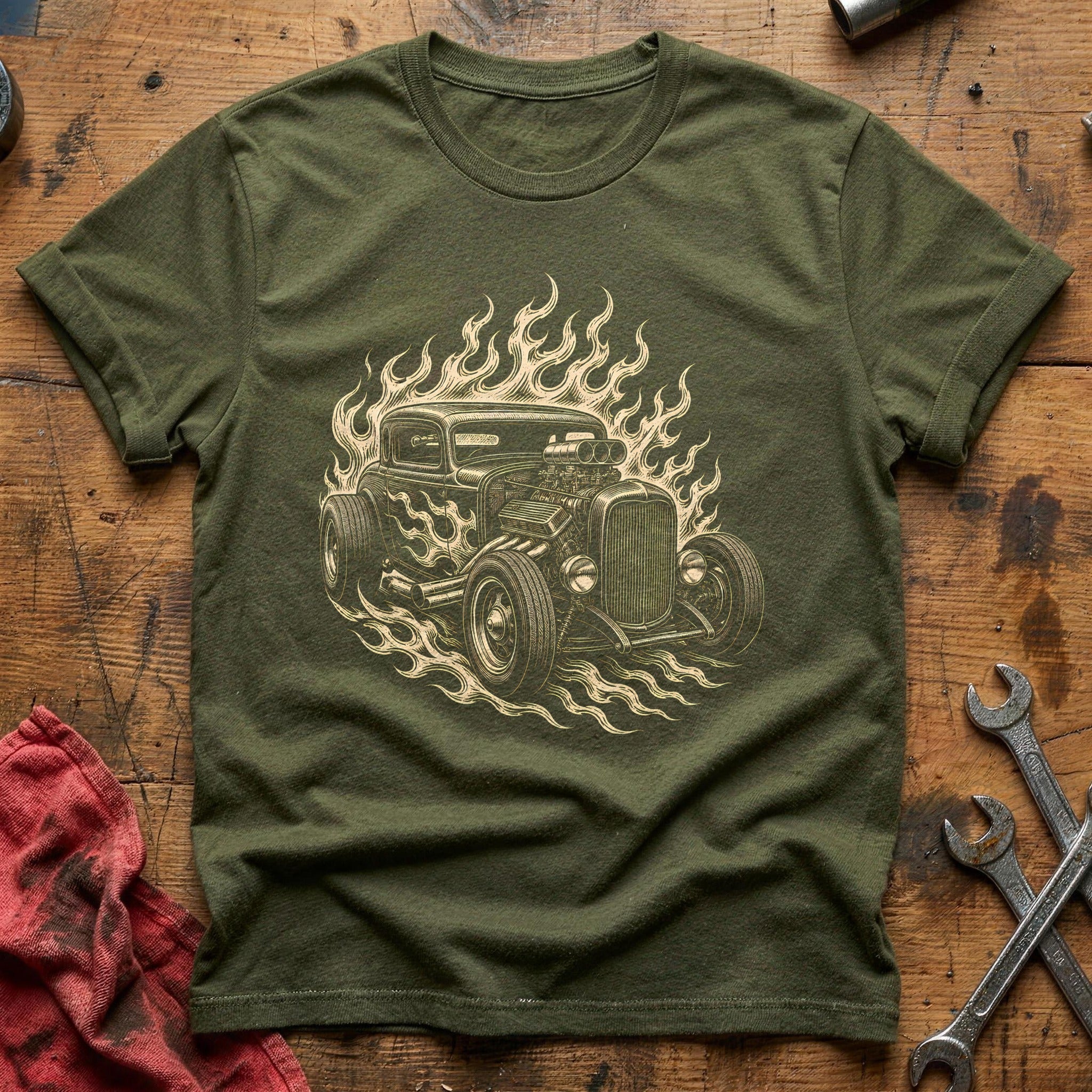 Hotrod Woodcut 80 T-Shirt - Military Green