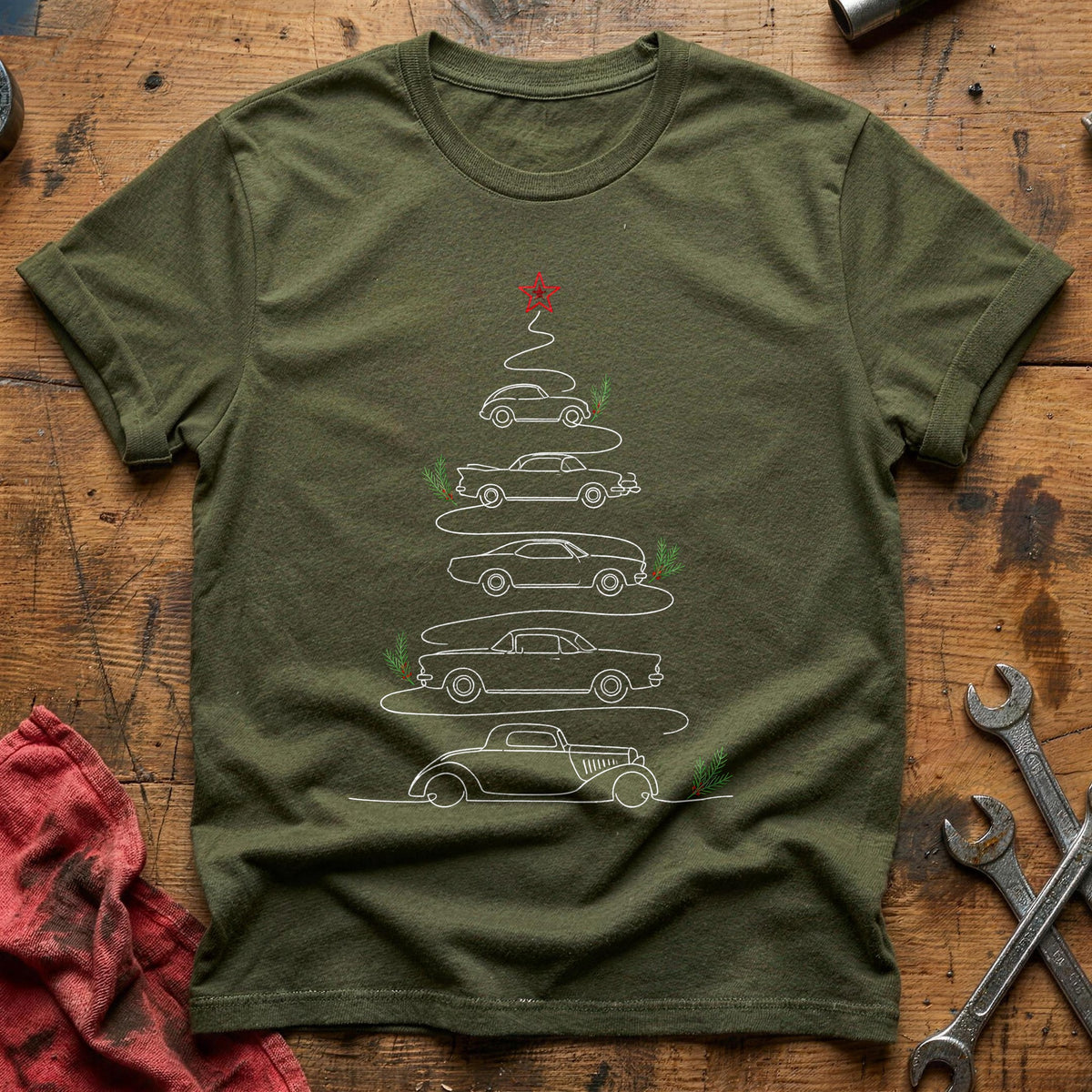 Minimal Line Car Tree 52 T-Shirt - Military Green
