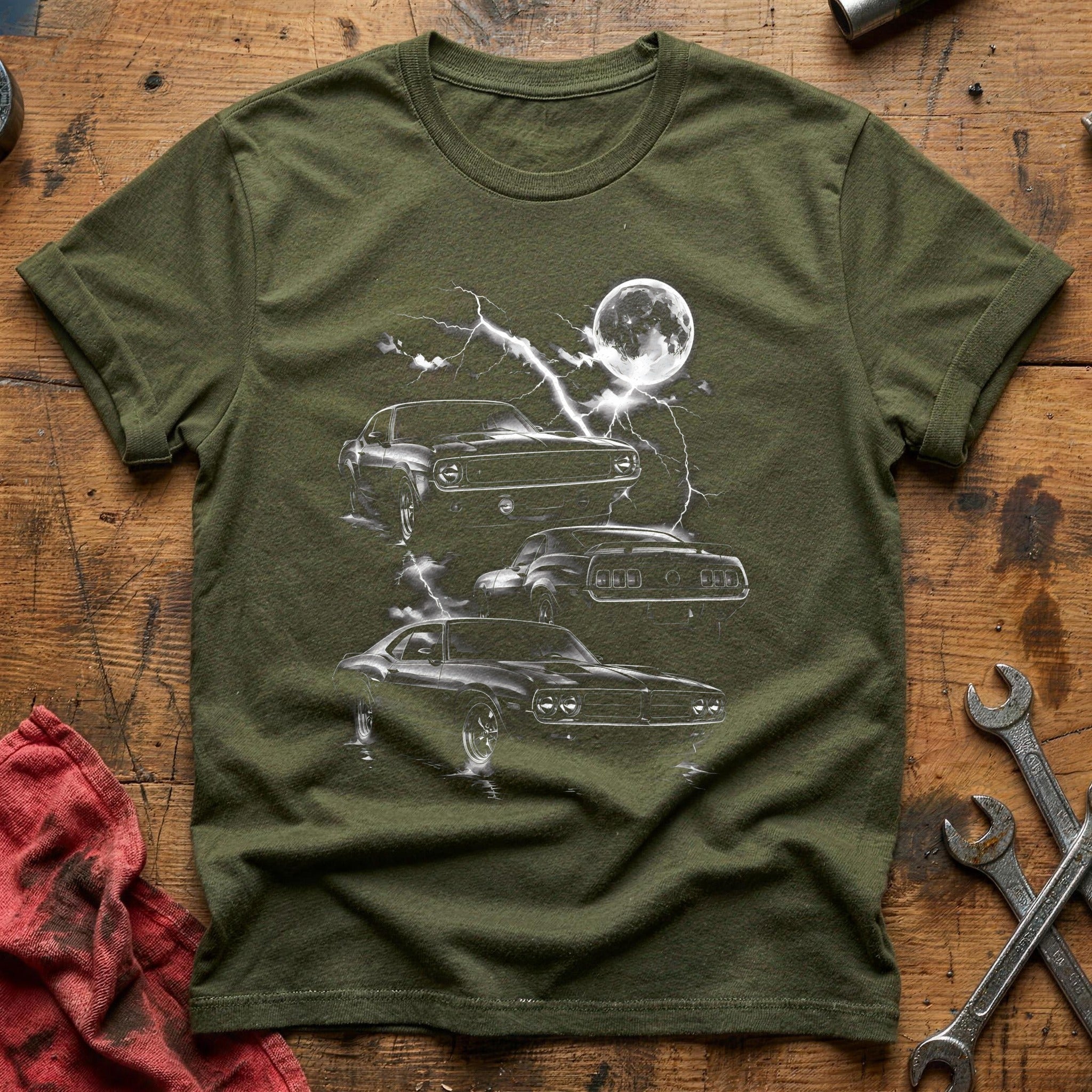 Muscle Car Lightning Moon T-Shirt - Military Green