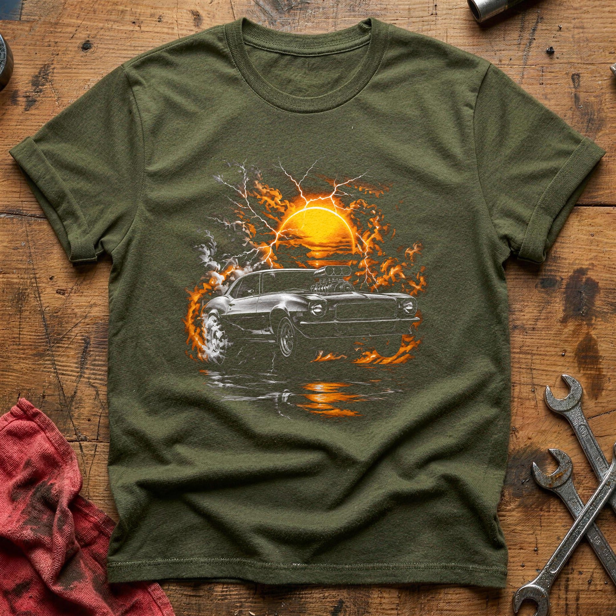 Muscle Car Sunset Fire T-Shirt - Military Green