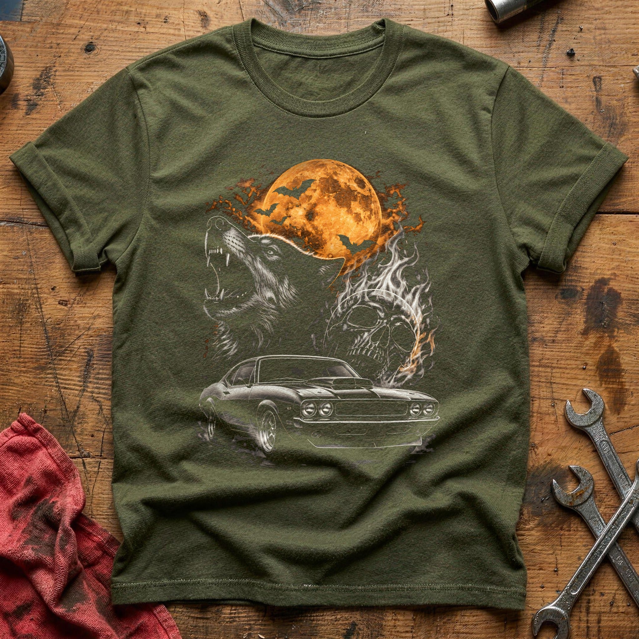 Muscle Wolf Flaming Skull 62 T-Shirt - Military Green