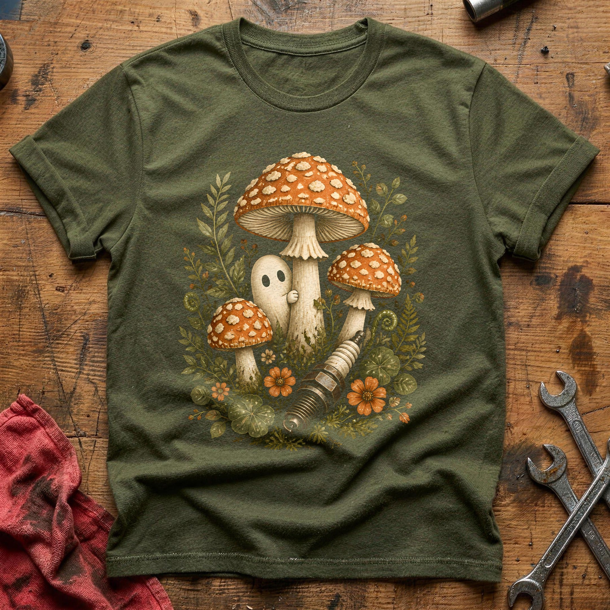 Mushroom Ghost Sparkplug 38 T-Shirt - Military Green