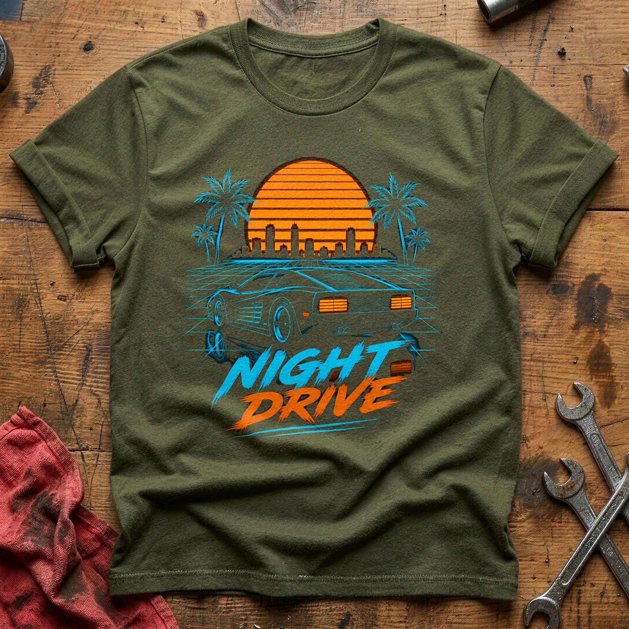 Night Drive Synthwave 41 T-Shirt - Military Green
