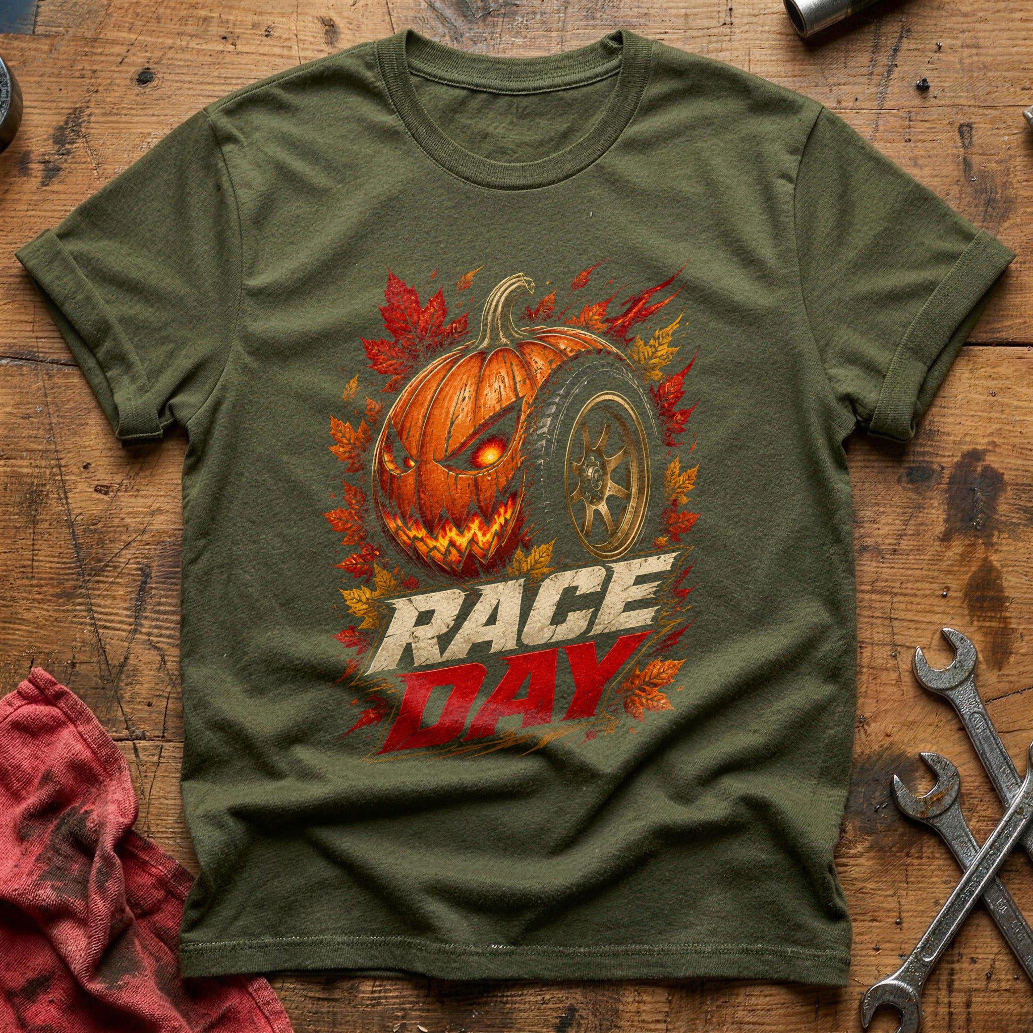 Race Day Pumpkin Wheel 14 T-Shirt - Military Green