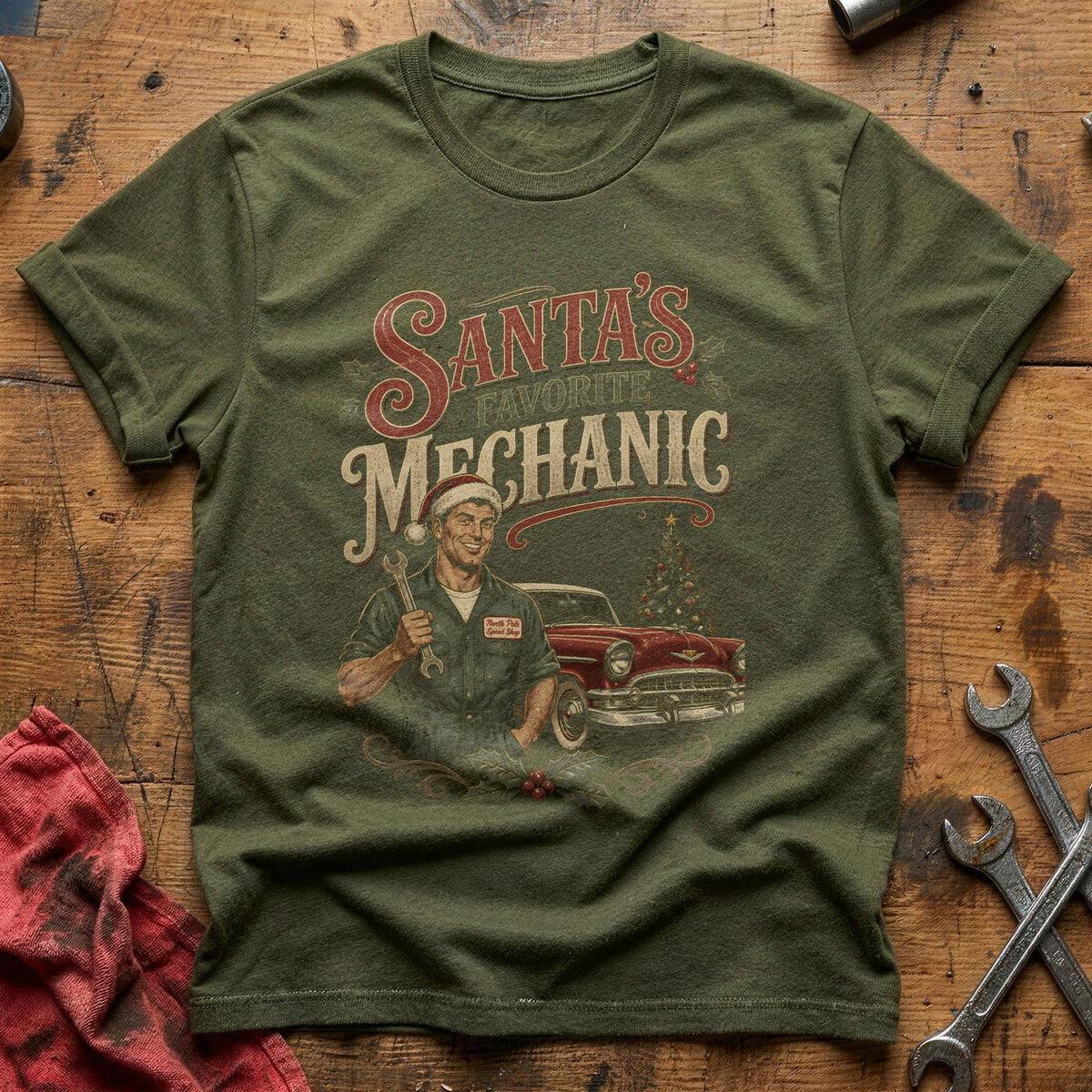 Santa's Favorite Mechanic 96 T-Shirt - Military Green