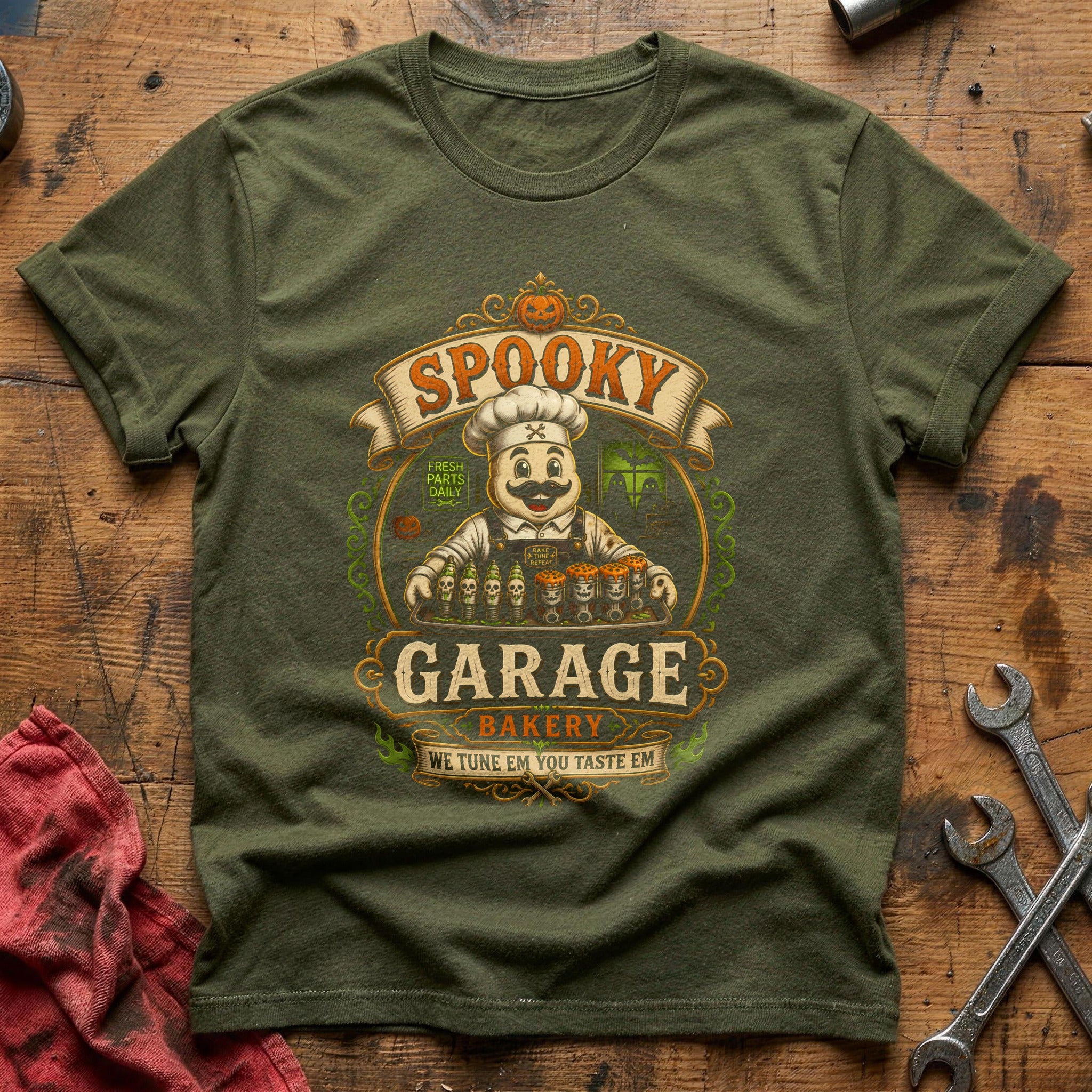 Spooky Garage Bakery 79 T-Shirt - Military Green