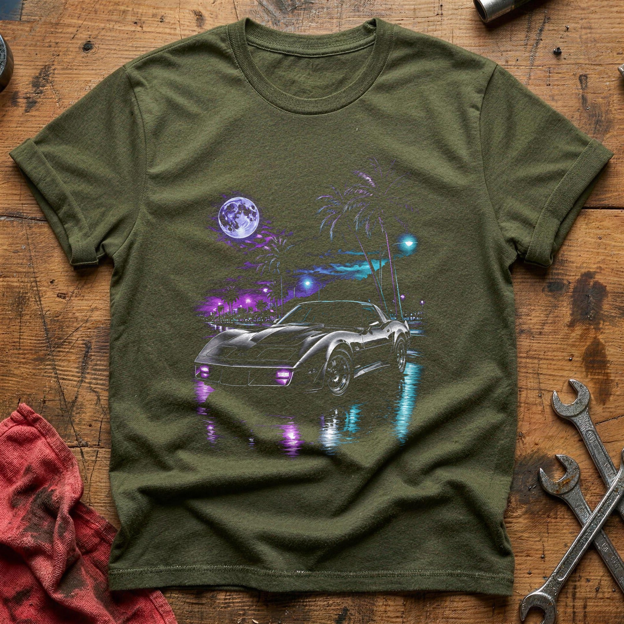 Sports Car Night Drive T-Shirt - Military Green