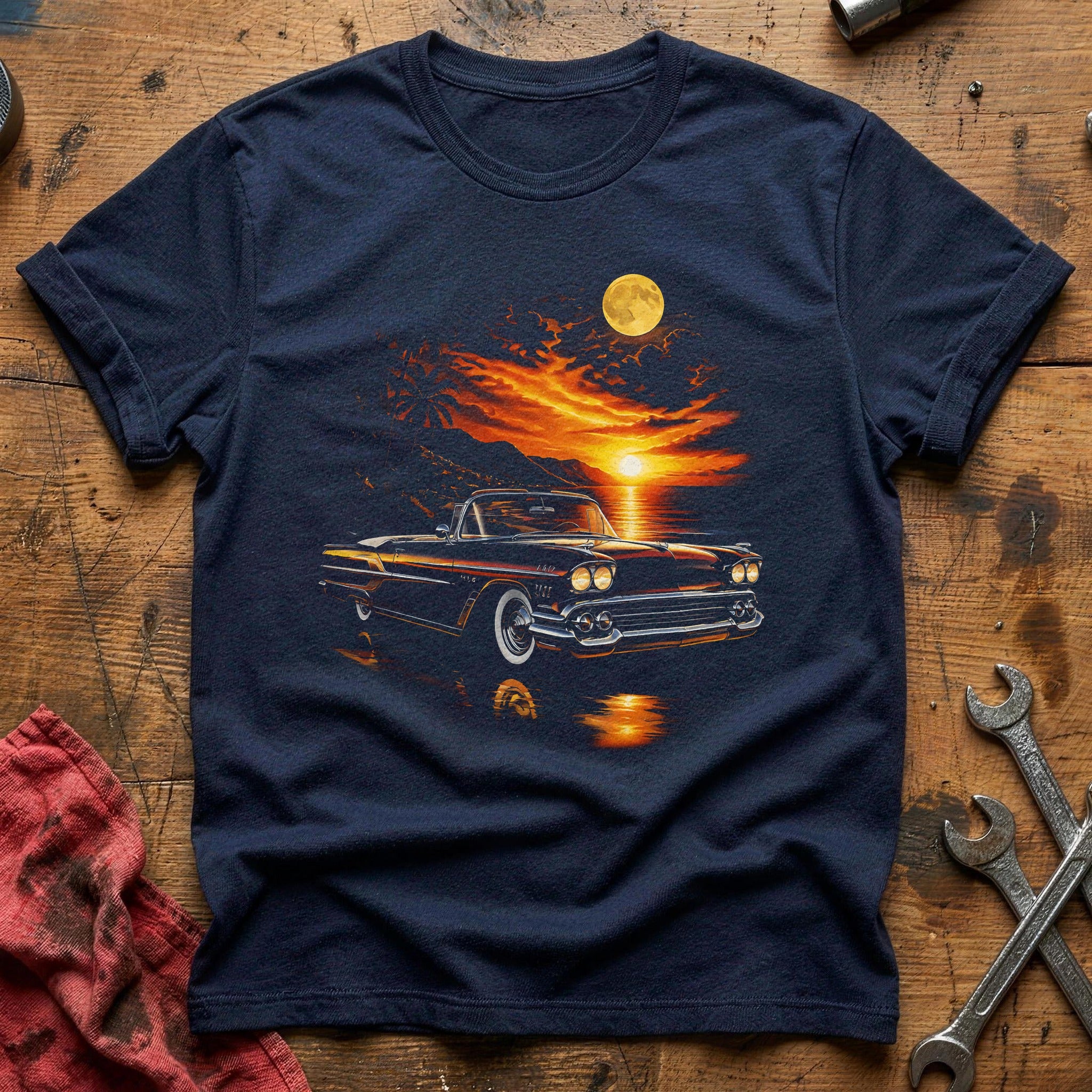 Classic Car Sunset Moon T-Shirt - Navy