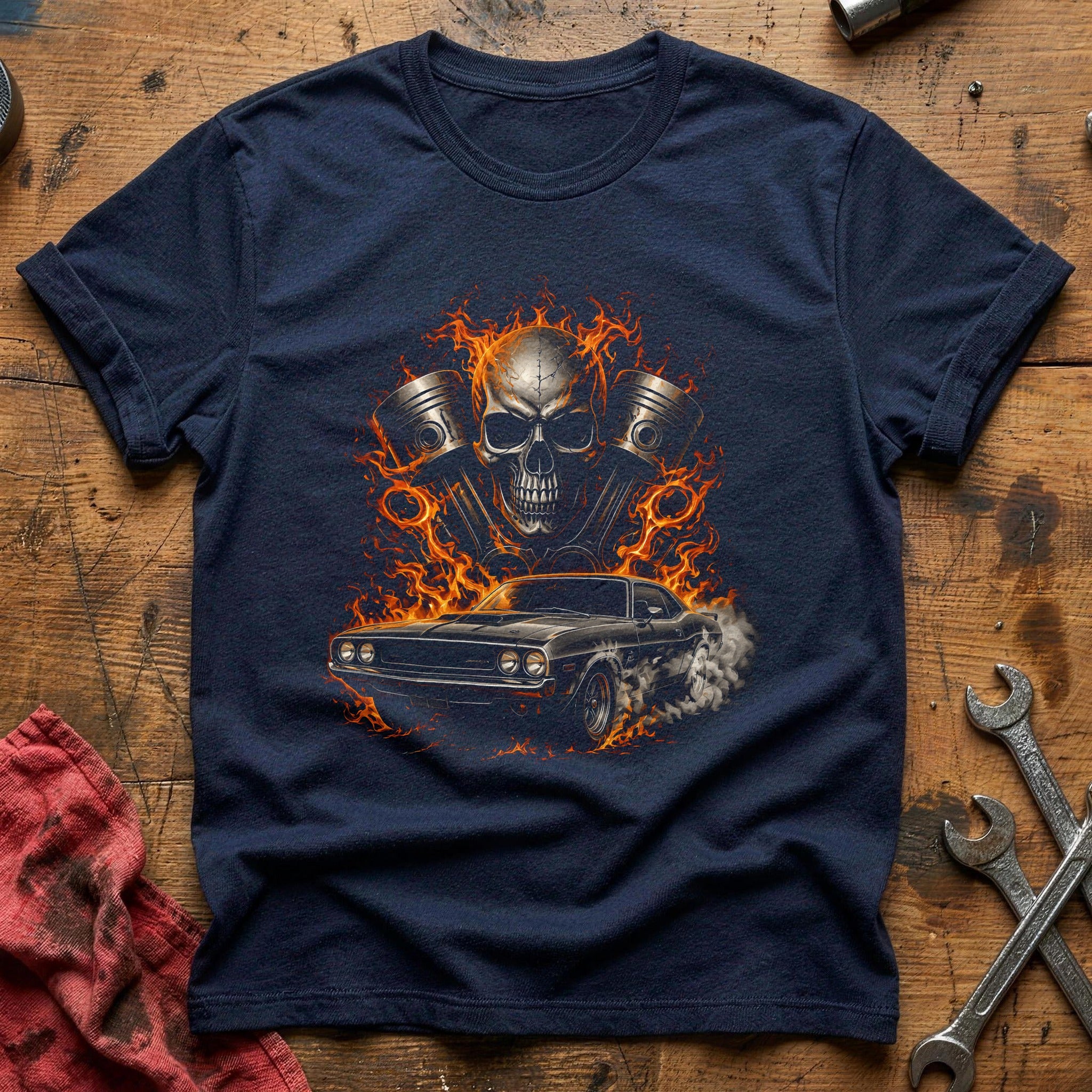 Engine Skull Flames T-Shirt - Navy