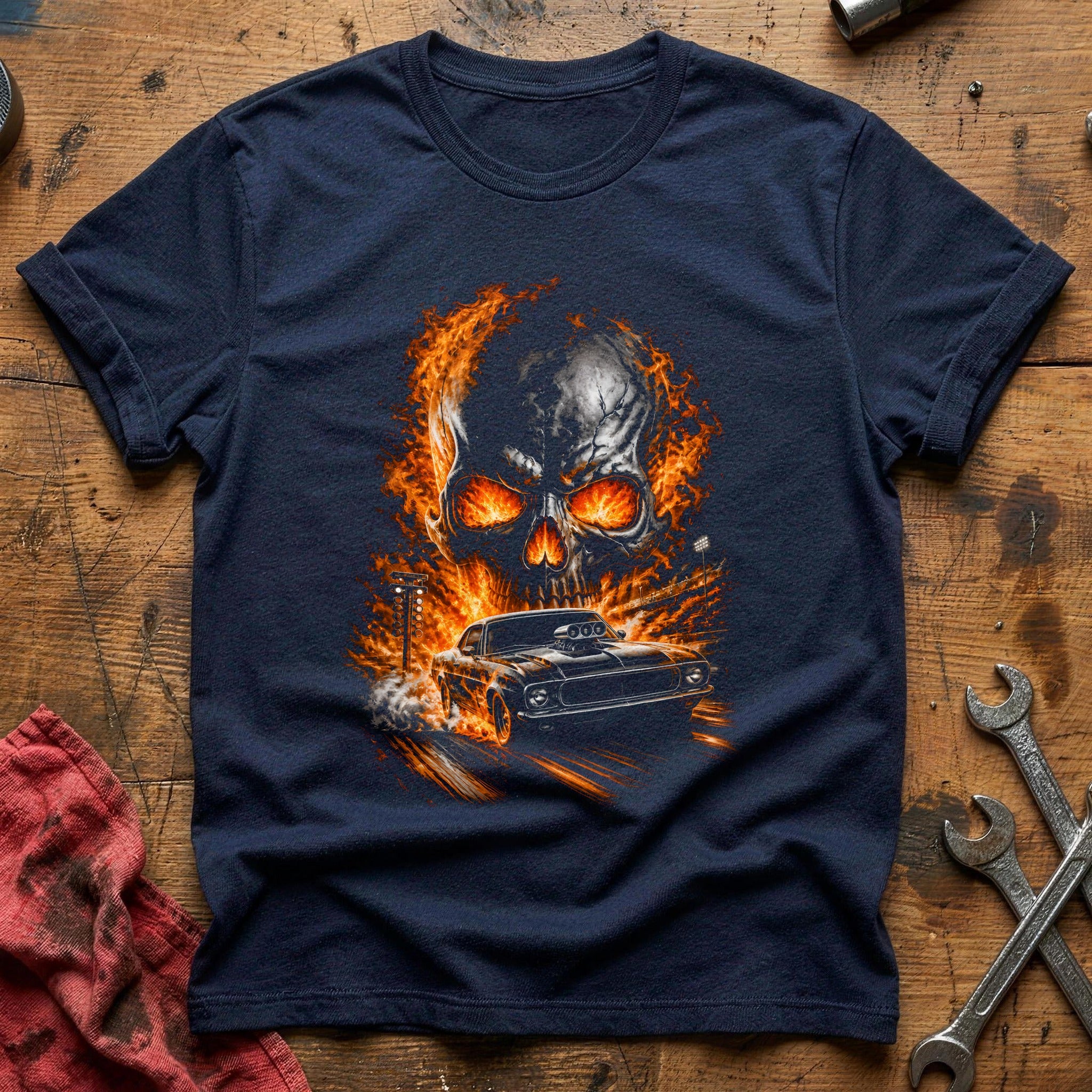 Flaming Hotrod Skull 96 T-Shirt - Navy