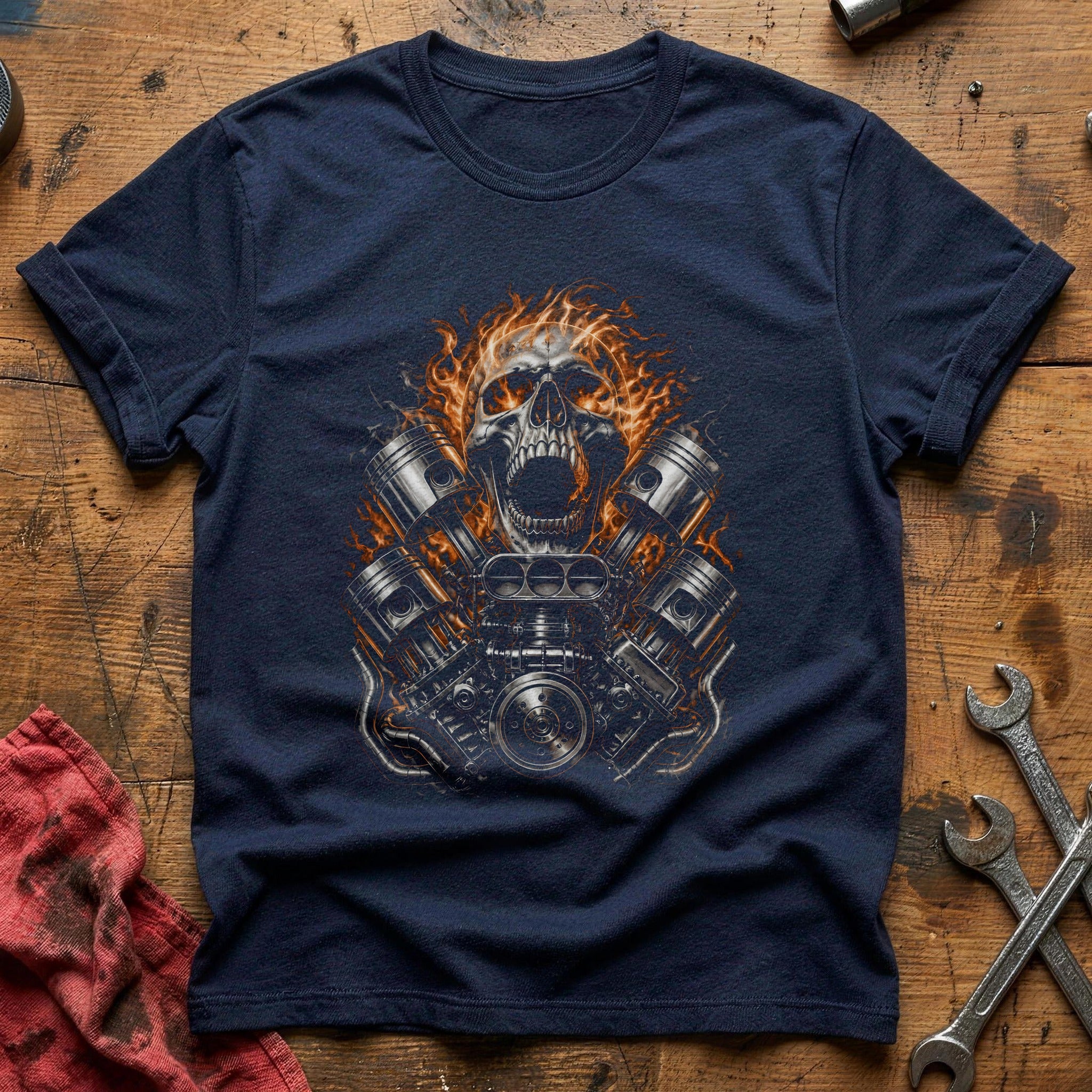 Flaming Skull Pistons 13 T-Shirt - Navy