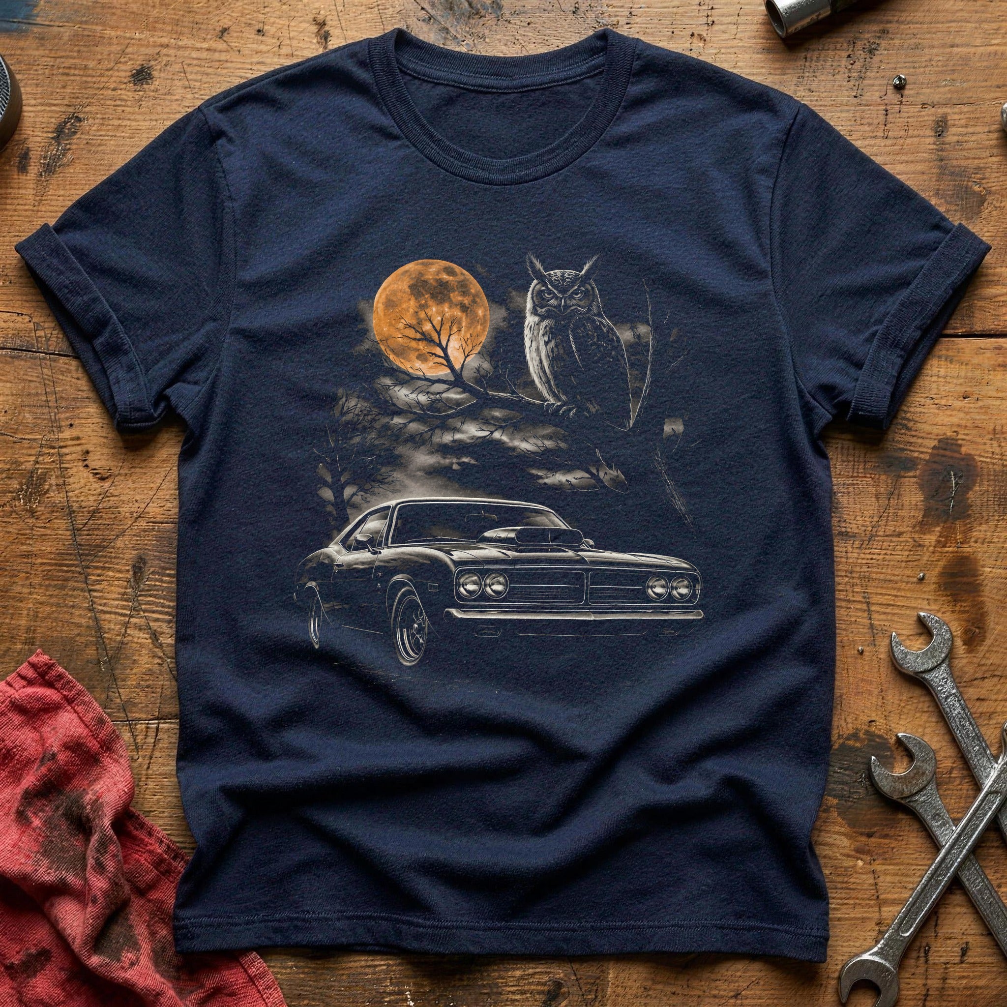 Hotrod Owl Autumn Trees 48 T-Shirt - Navy