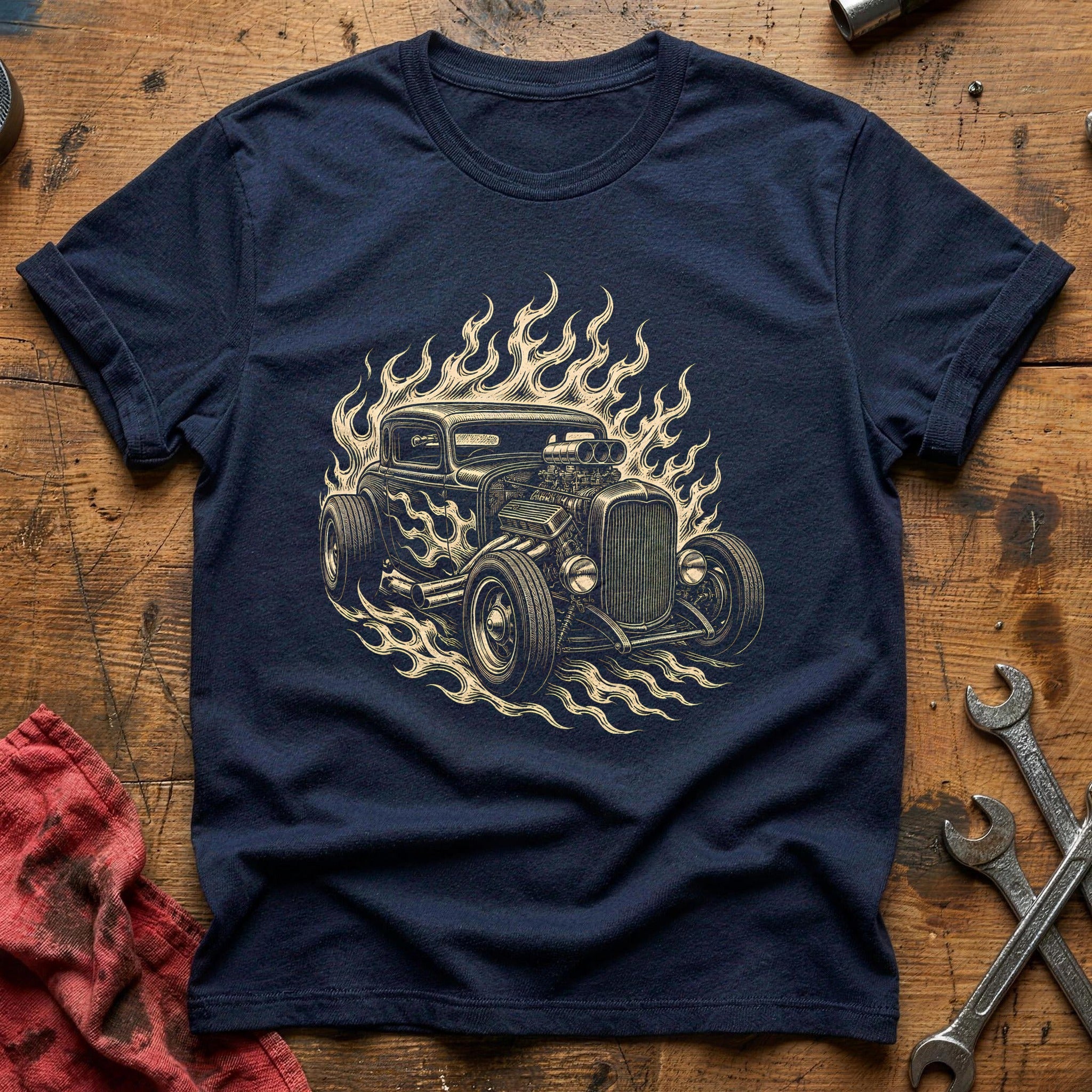 Hotrod Woodcut 80 T-Shirt - Navy