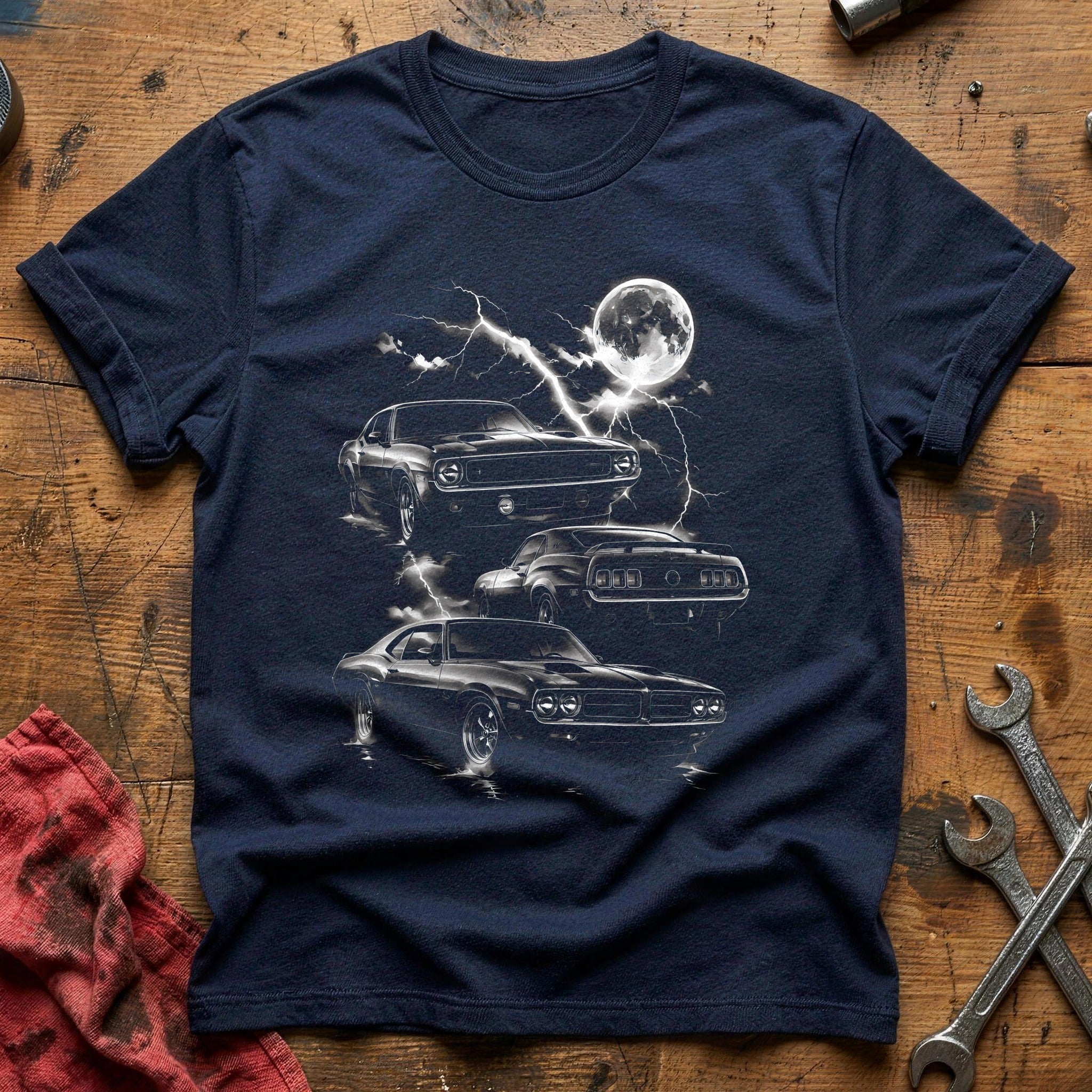 Muscle Car Lightning Moon T-Shirt - Navy