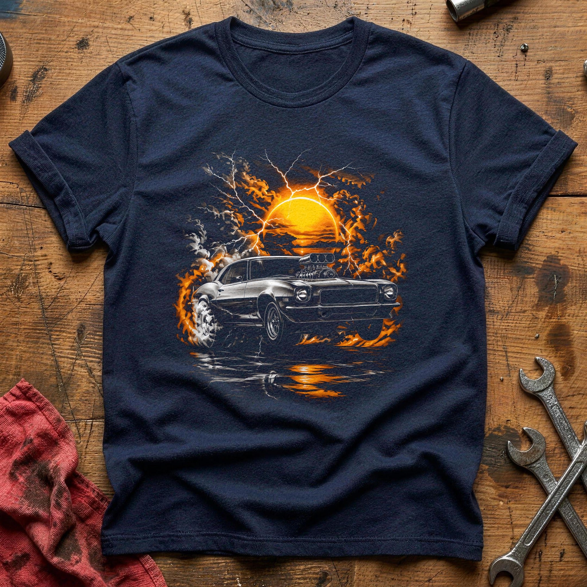 Muscle Car Sunset Fire T-Shirt - Navy